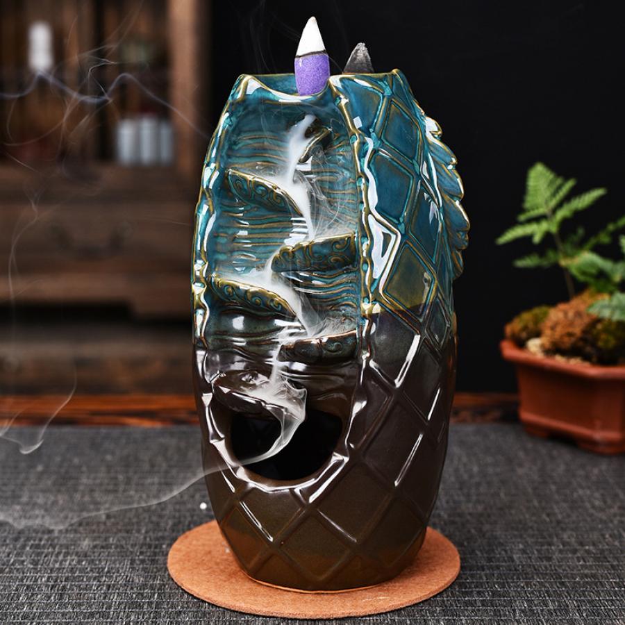 Dual Ceramic Backflow Incense Cone Burner - 8" H x 4"W (Dragon & Waterfall) - 1 Piece