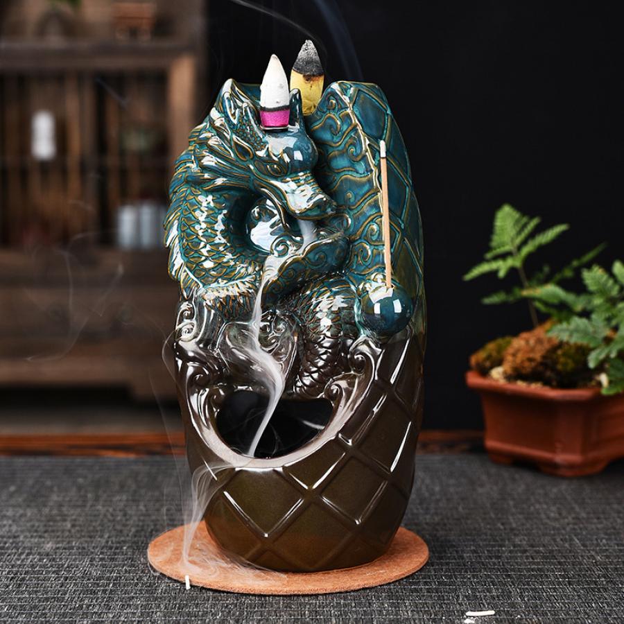 Dual Ceramic Backflow Incense Cone Burner - 8" H x 4"W (Dragon & Waterfall) - 1 Piece