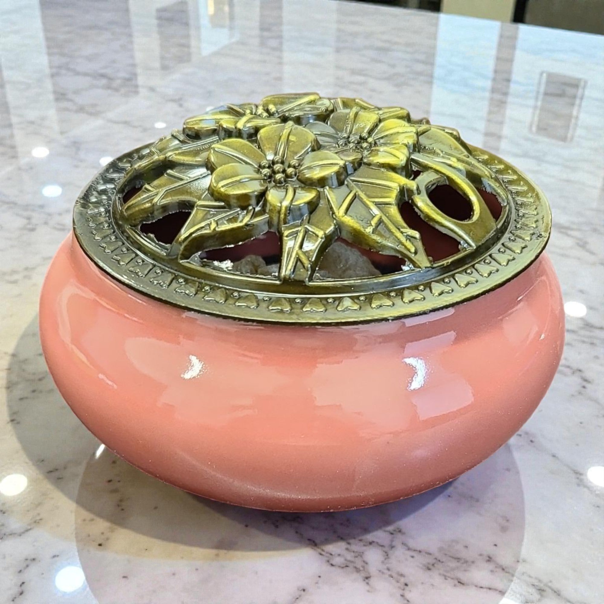 Burgundy Pink Ceramic Incense Burner Bowl with Floral Lid - 1 Piece