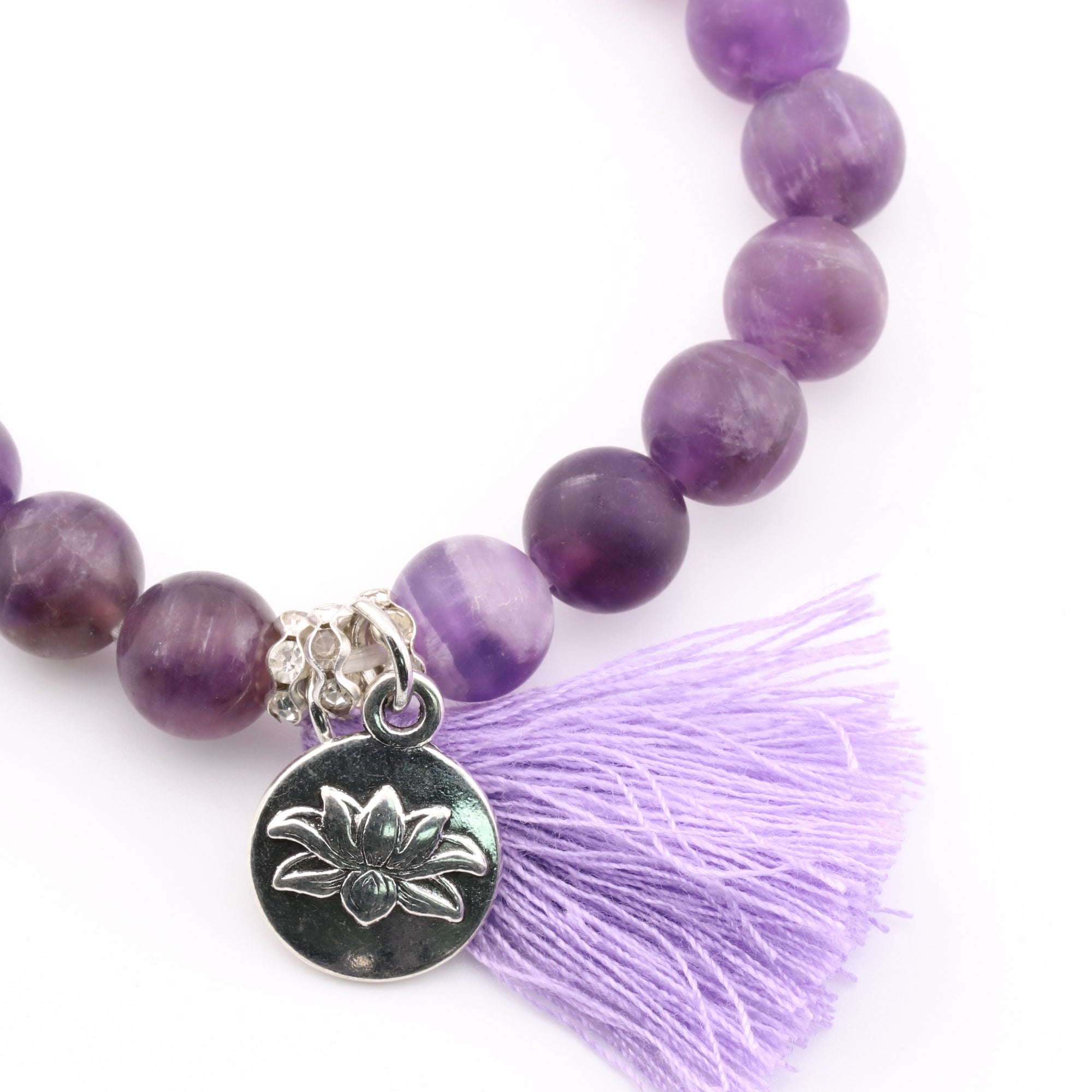 Frosted Amethyst Bracelet, with Tassel,Lotus Charm and Buddha Head Alloy, Silver Color, 8 mm, 5 Pieces in a Pack #555