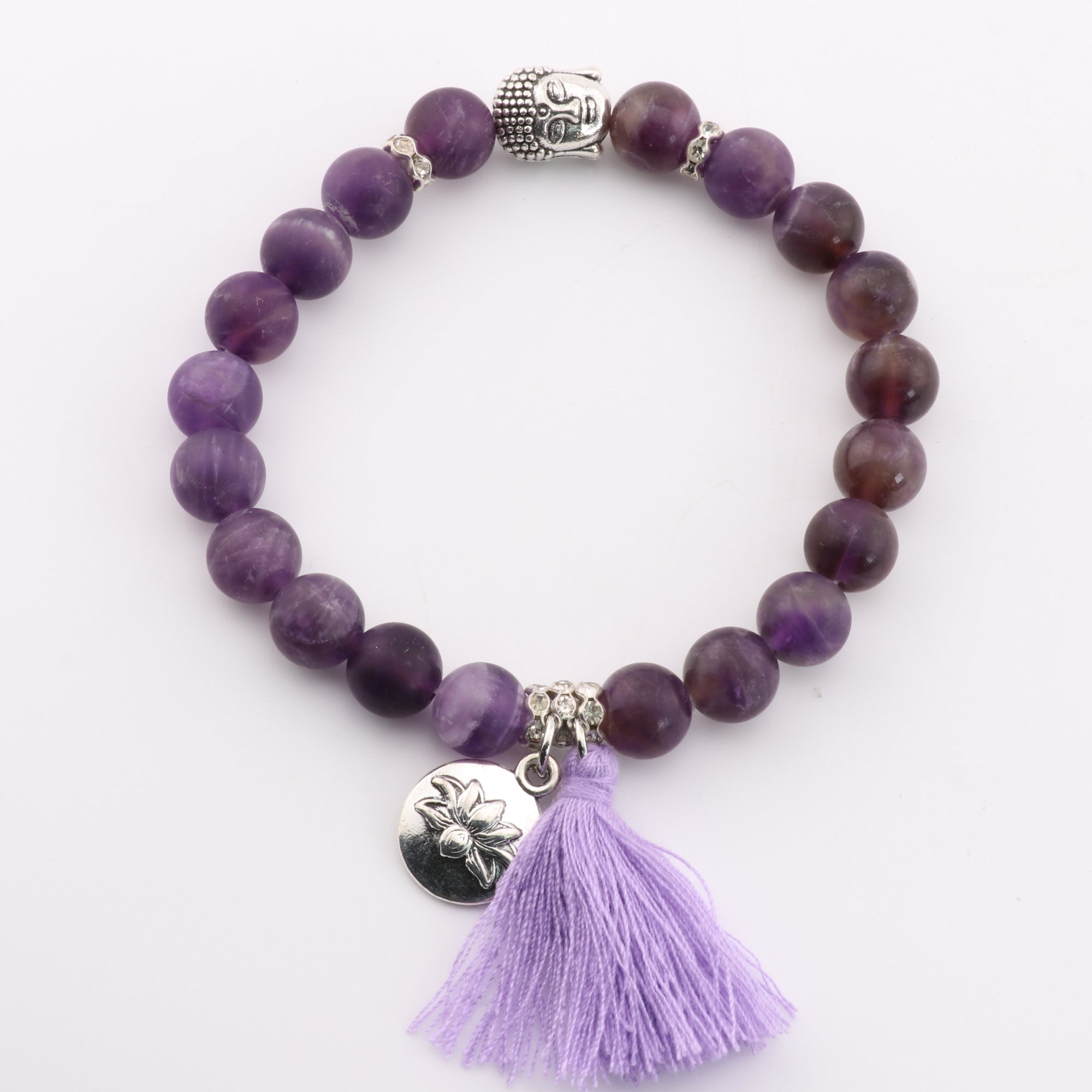 Frosted Amethyst Bracelet, with Tassel,Lotus Charm and Buddha Head Alloy, Silver Color, 8 mm, 5 Pieces in a Pack #555