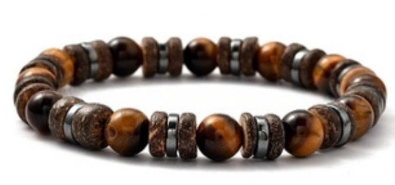 Natural Wood &Tiger Eye Bracelet, 8 mm, 5 Pieces in a Pack #587