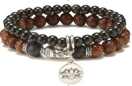 Natural Obsidian & Lava Stone & Wenge Wood Bracelet, with Buddha Head Alloy, with Lotus Symbol Charm,for Men and Women, 2 Pieces Set, 6&8mm, 5 Sets in a Pack #438