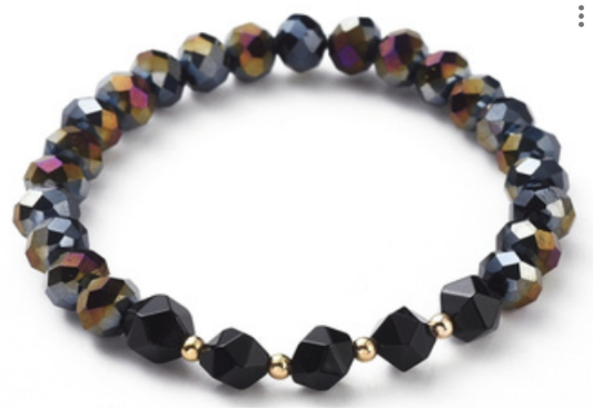 Faceted Rondelle Glass & Black Onyx Bracelet, 8 mm, 5 Pieces in a Pack #539