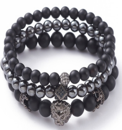 Black Frosted Onyx & Hematite Bracelet Set, with Lion Head Alloy, with Cubic Alloy, 8 mm, 5 Sets in a Pack #548