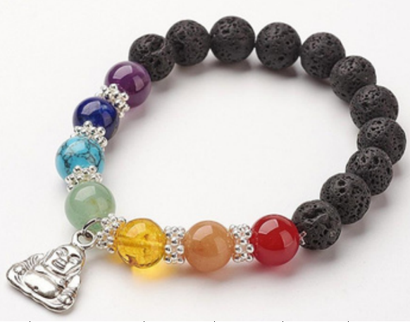 Lava Stone Bracelet, with Chackra Beads, with Buddha Charm, 8 mm, 5 Pieces n a Pack #032