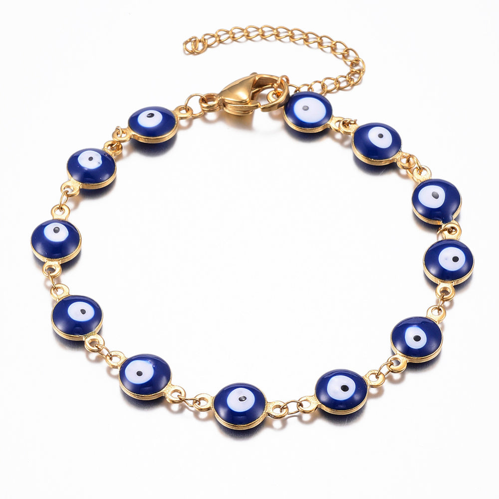 Anklet, Gold Tone with Evil Eye, 304 Stainless Steel, Blue, 5 Pieces in a Pack, #007