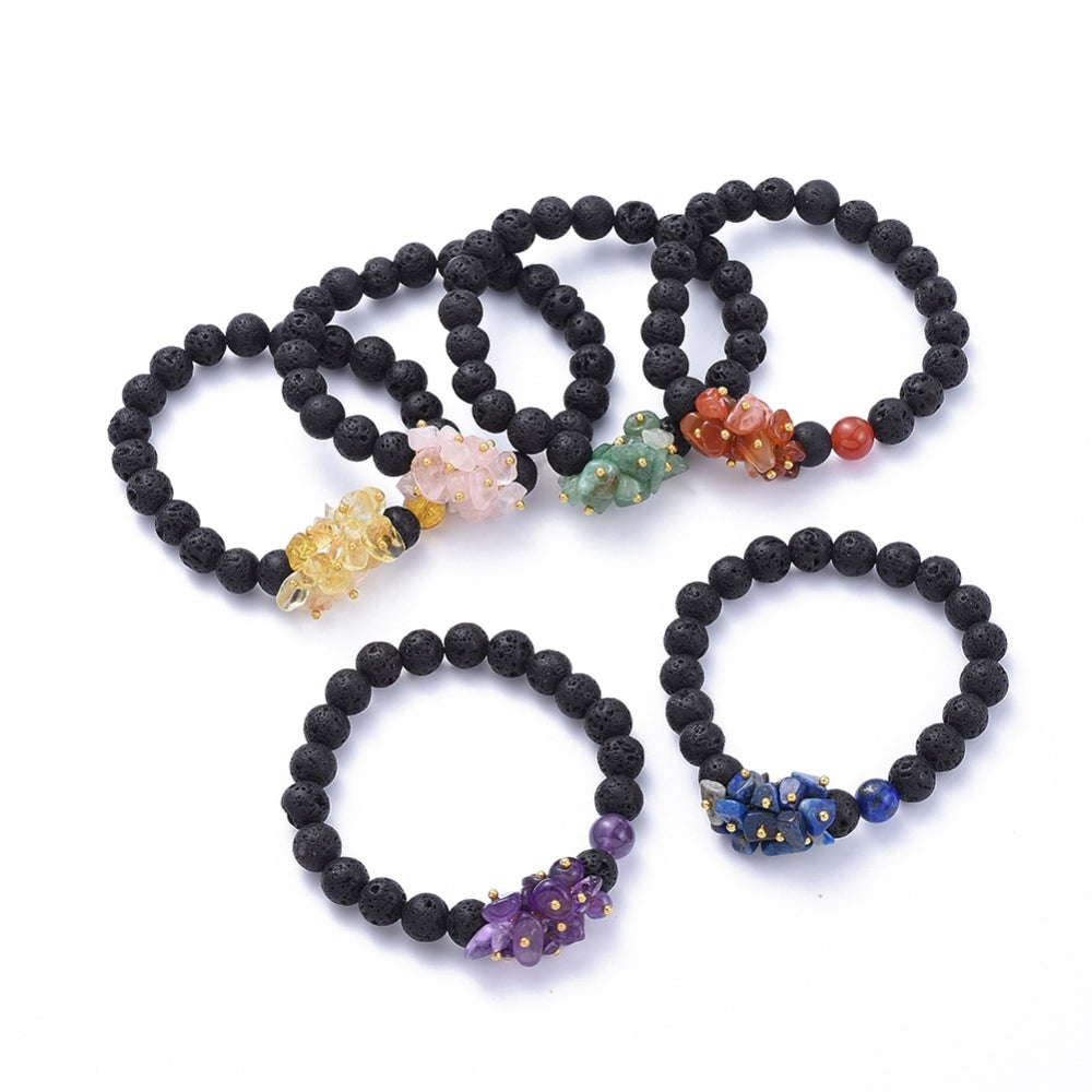 Natural Lava Stone and Natural Mix Chip Gem Stones Bracelet, 8mm, 5 Pieces in a Pack #590