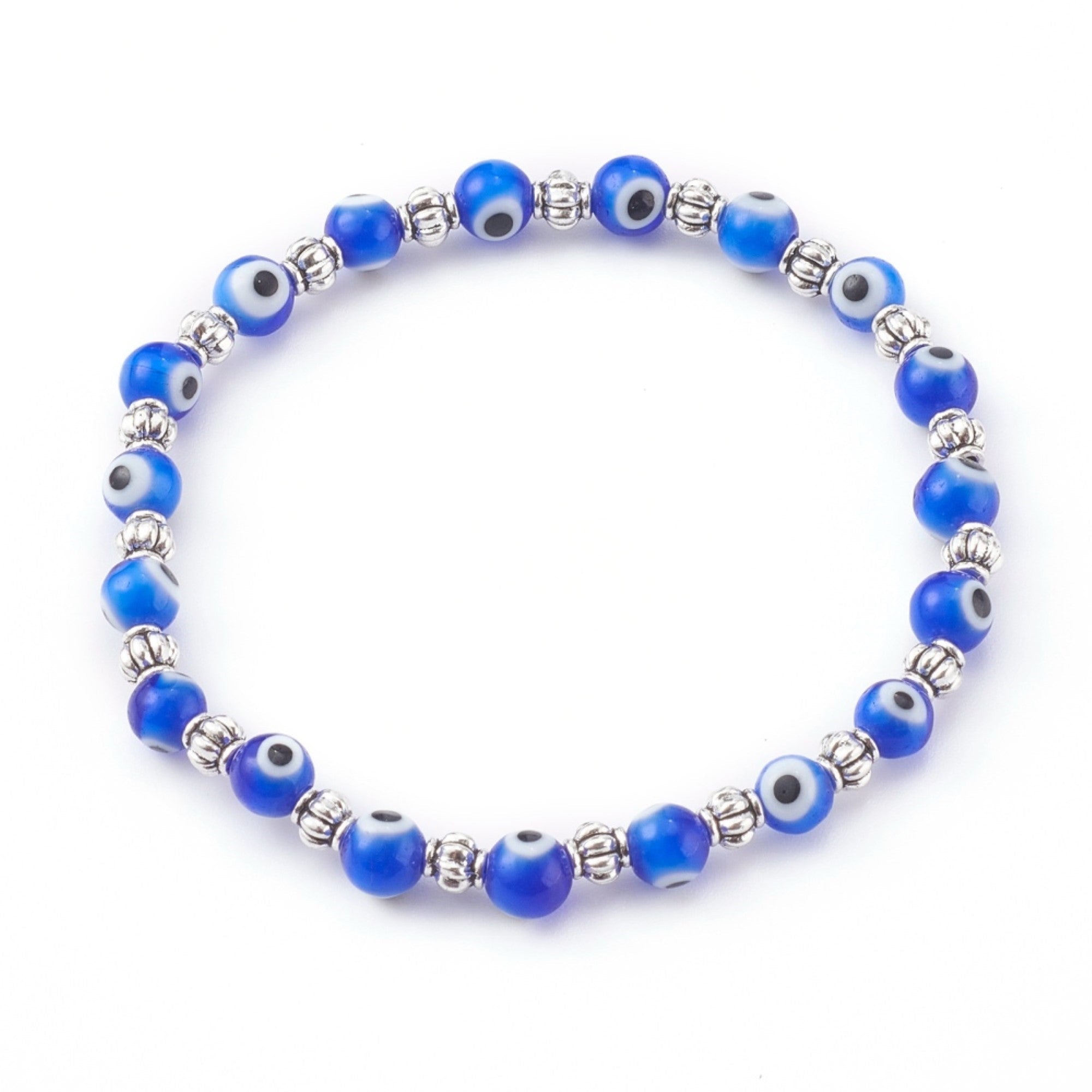 Evil Eye Bracelet, with Lampwork Beads, Silver Color, 6 mm, 5 Pieces in a Pack #342