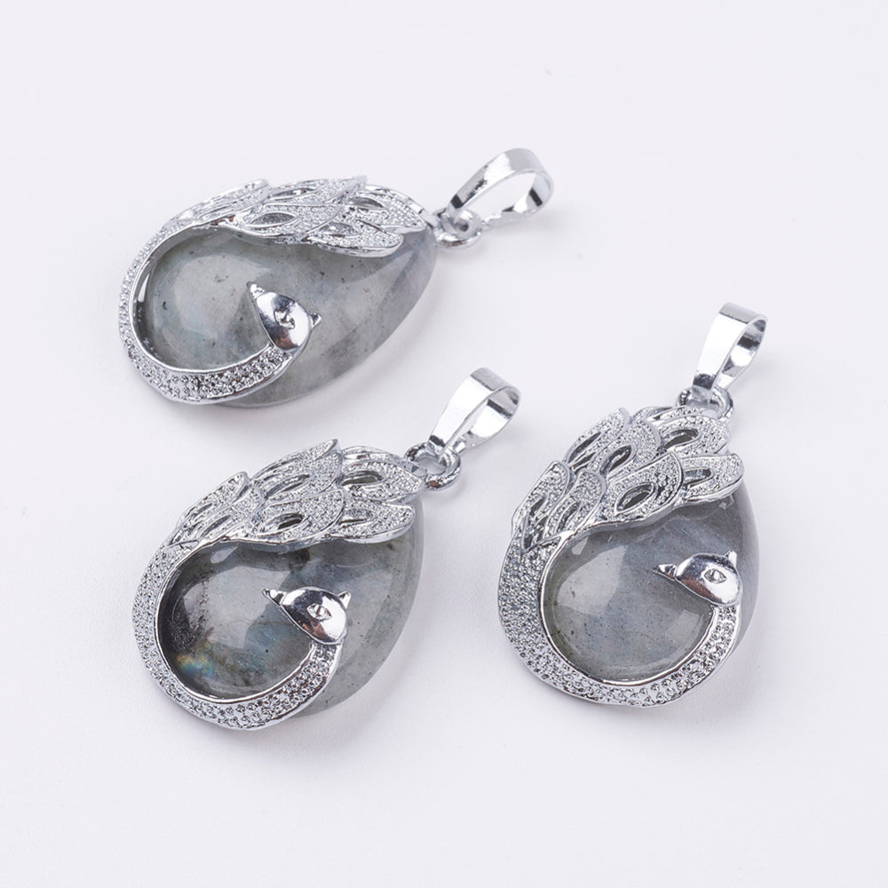 Labradorite Teardrop Shaped Pendant with Peacock, 5 Pieces in a Pack, #100