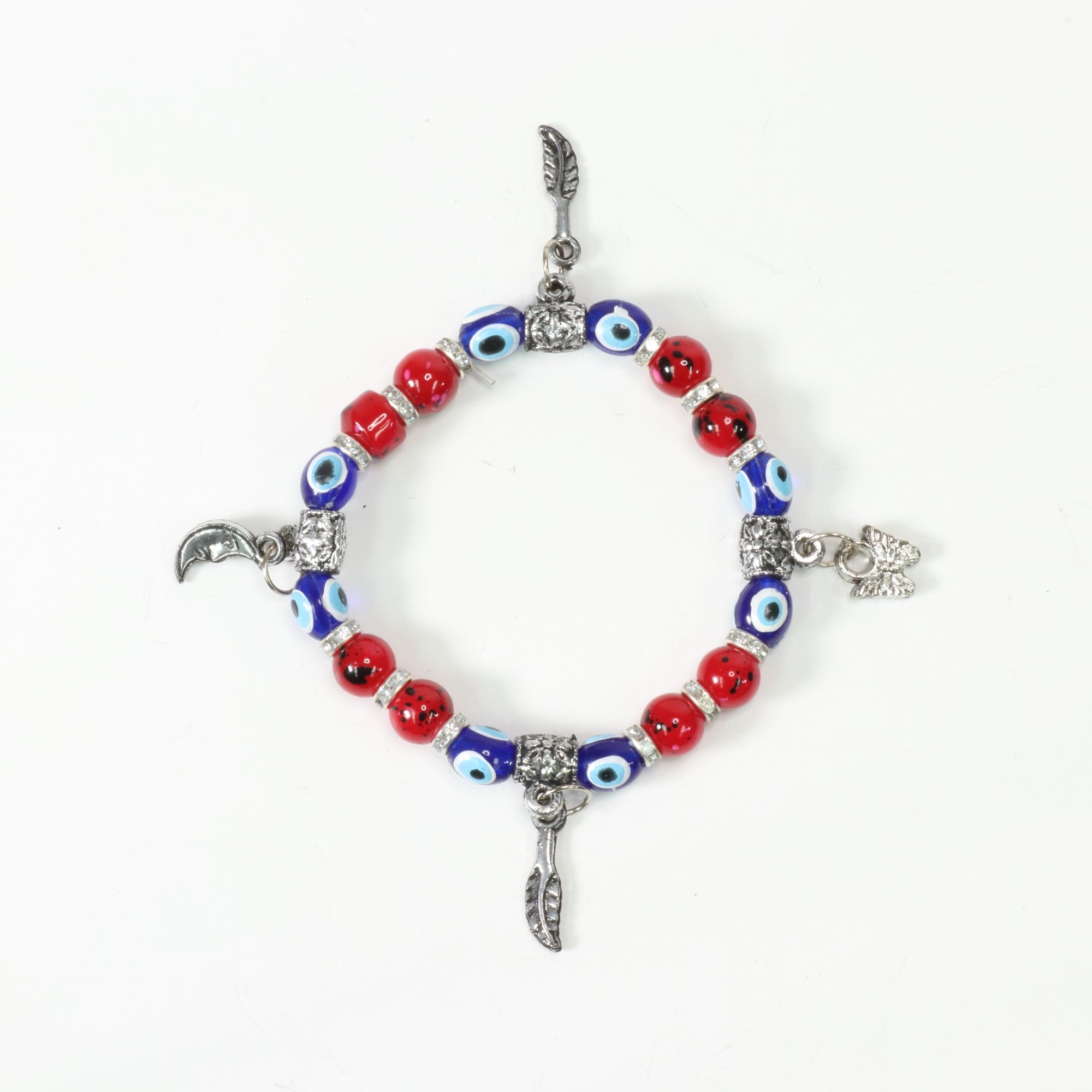 Evil Eye Bracelet, with Red Plastic Beads, with Mix Figure Charm, Silver Color, Dyed, 8 mm, 5 Pieces in a Pack  #485