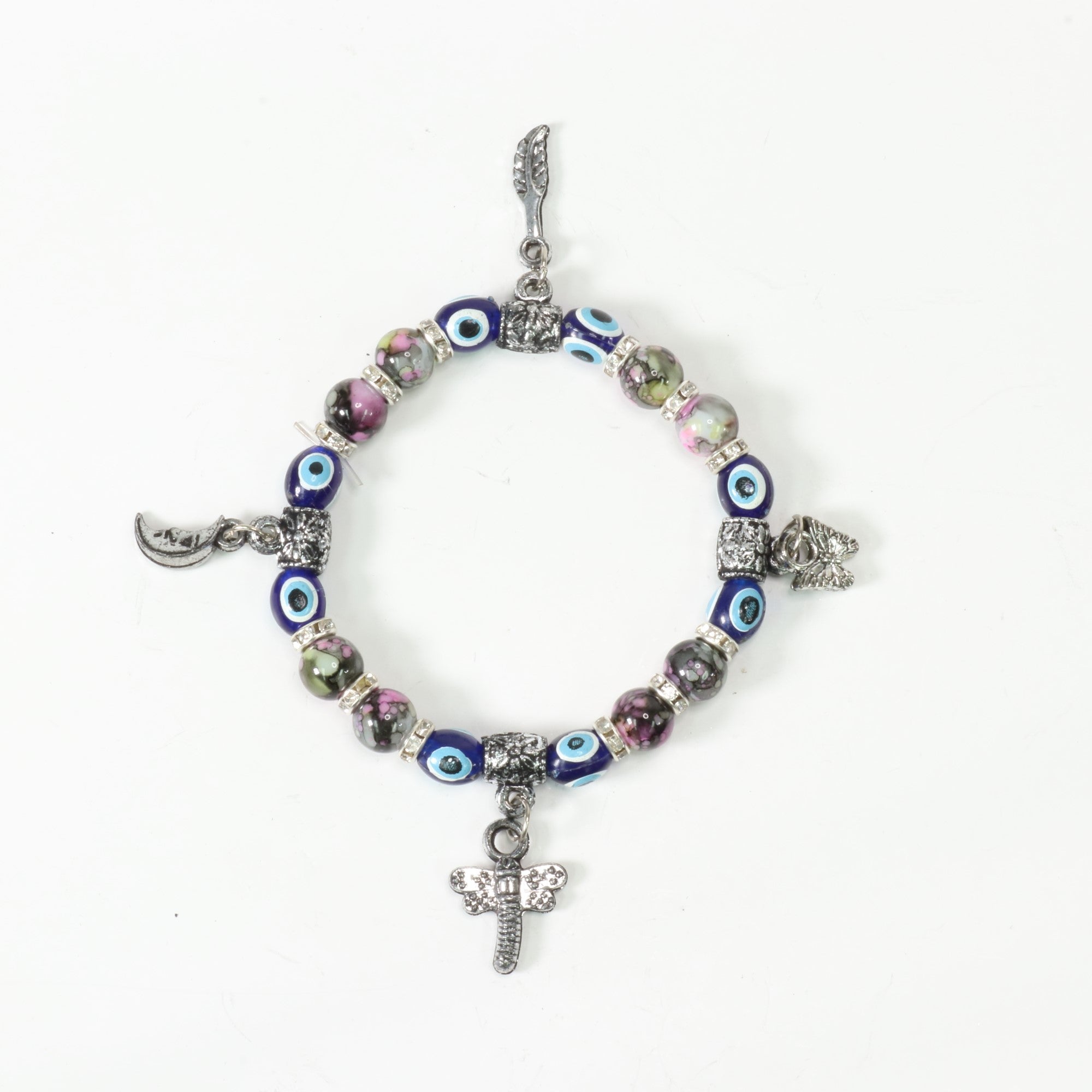 Evil Eye Bracelet, with Dyed Plastic Beads, with Mix Figure Charm, Silver Color, Dyed, 8mm, 5 Pieces in a Pack #486