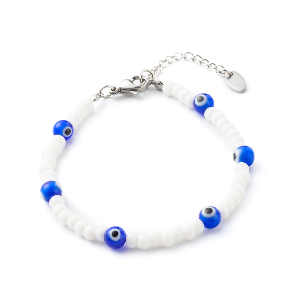 Evil Eye Bracelet, with Glass Beads and Blue Evil Eye Lampwork Beads, Silver Color Alloy, 6mm, 5 Pieces in a Pack, #237