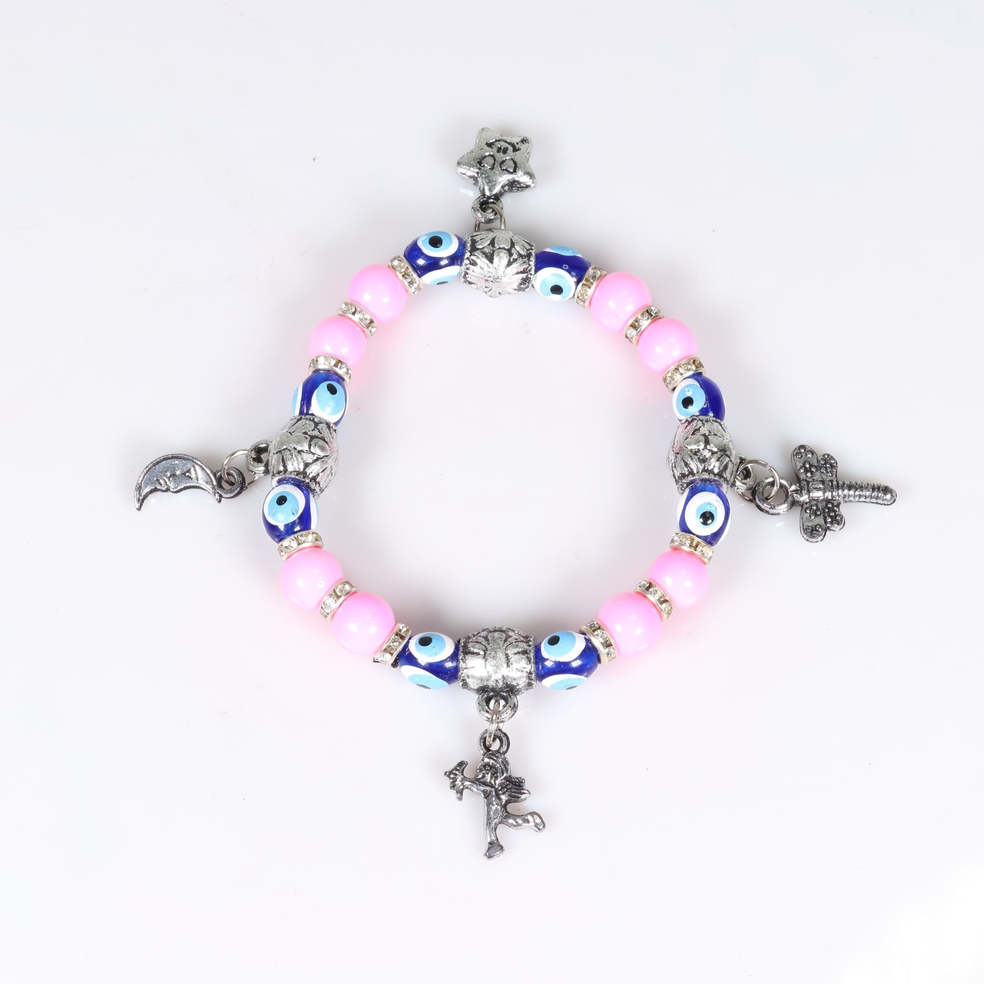 Evil Eye Bracelet, with Pink Plastic Beads, with Mix Figure Charm, Silver Color, Dyed, 8 mm, 5 Pieces in a Pack #487