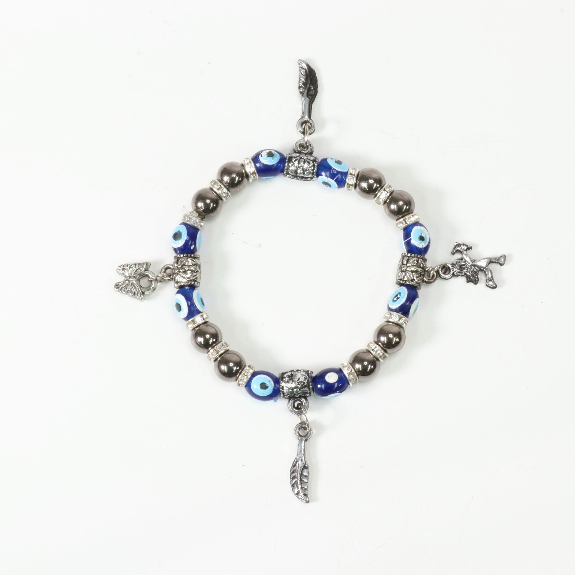 Evil Eye Bracelet, with Dyed Plastic Beads, with Mix Figure Charm, Silver Color, Dyed, 8 mm, 5 Pieces in a Pack #489