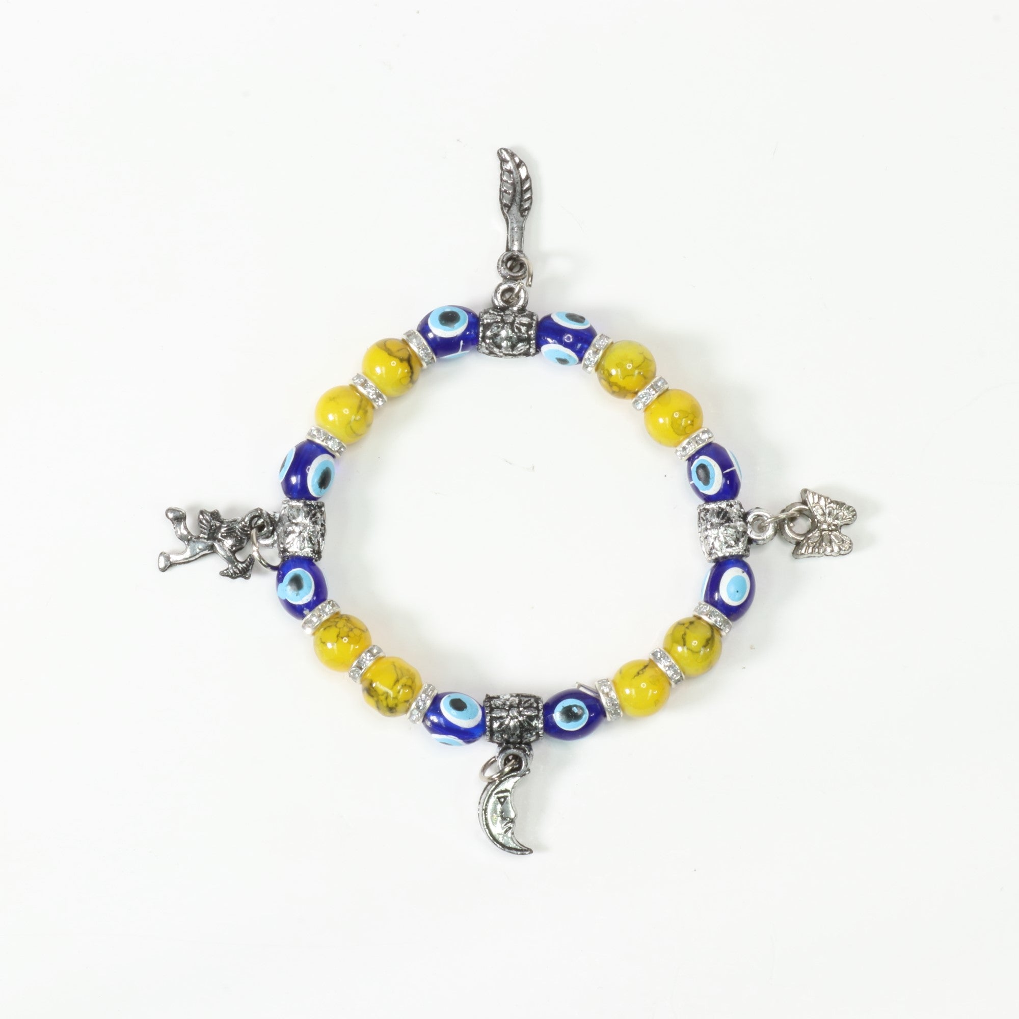 Evil Eye Bracelet, with Dyed Plastic Beads, with Mix Figure Charm, Silver Color, Dyed, 8 mm, 5 Pieces in a Pack #490