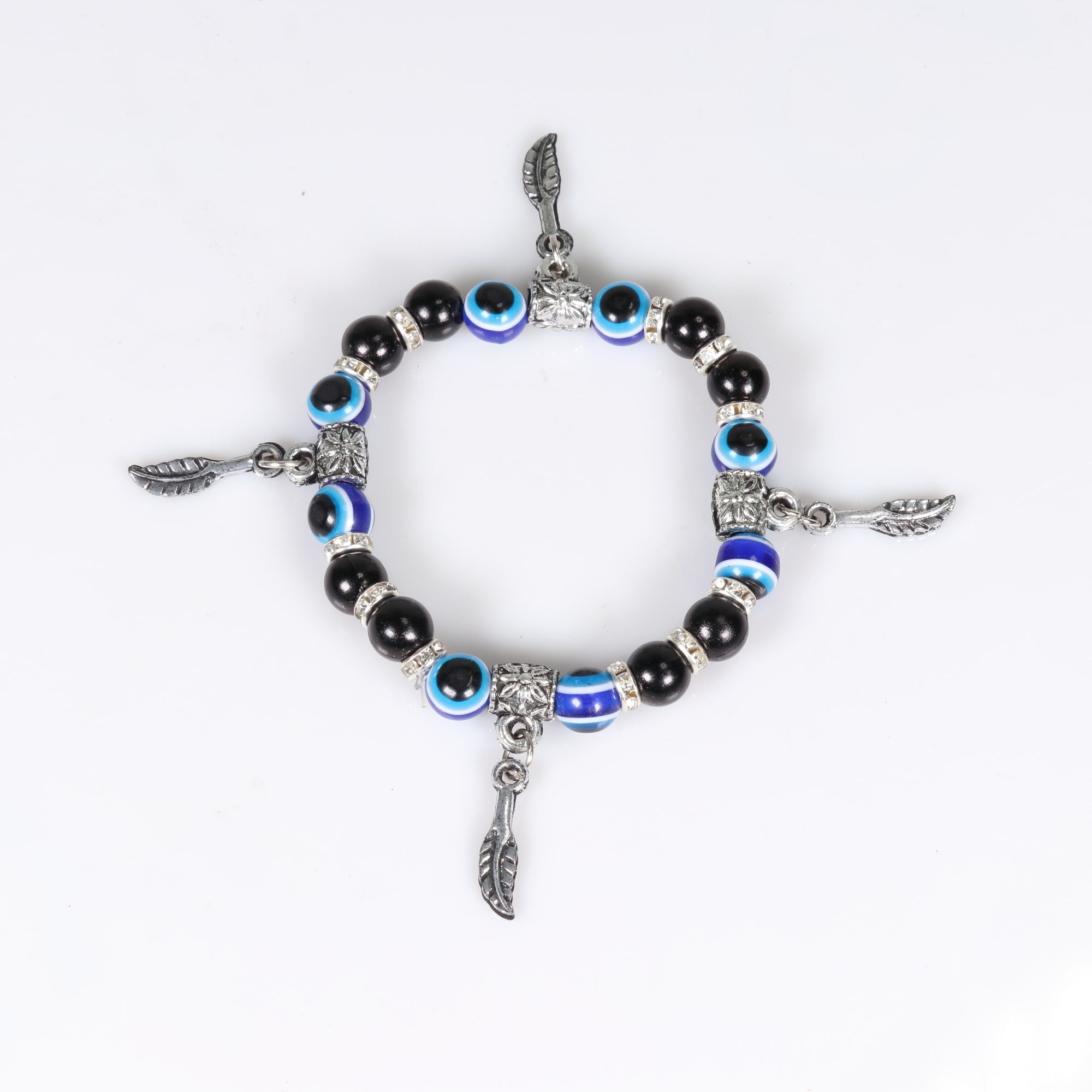 Evil Eye Bracelet, with Black Plastic Beads, with Mix Figure Charm, Silver Color, Dyed, 8 mm, 5 Pieces in a Pack  #492