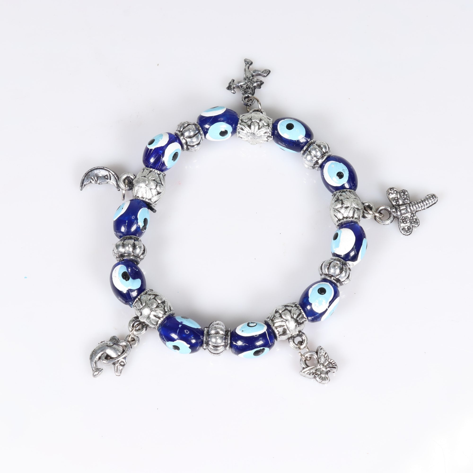 Evil Eye Bracelet, with Dyed Plastic Beads, with Mixed Figure Charms, Silver Color, 8mm, Mix Style Pack, 5 Pieces in a Pack #471