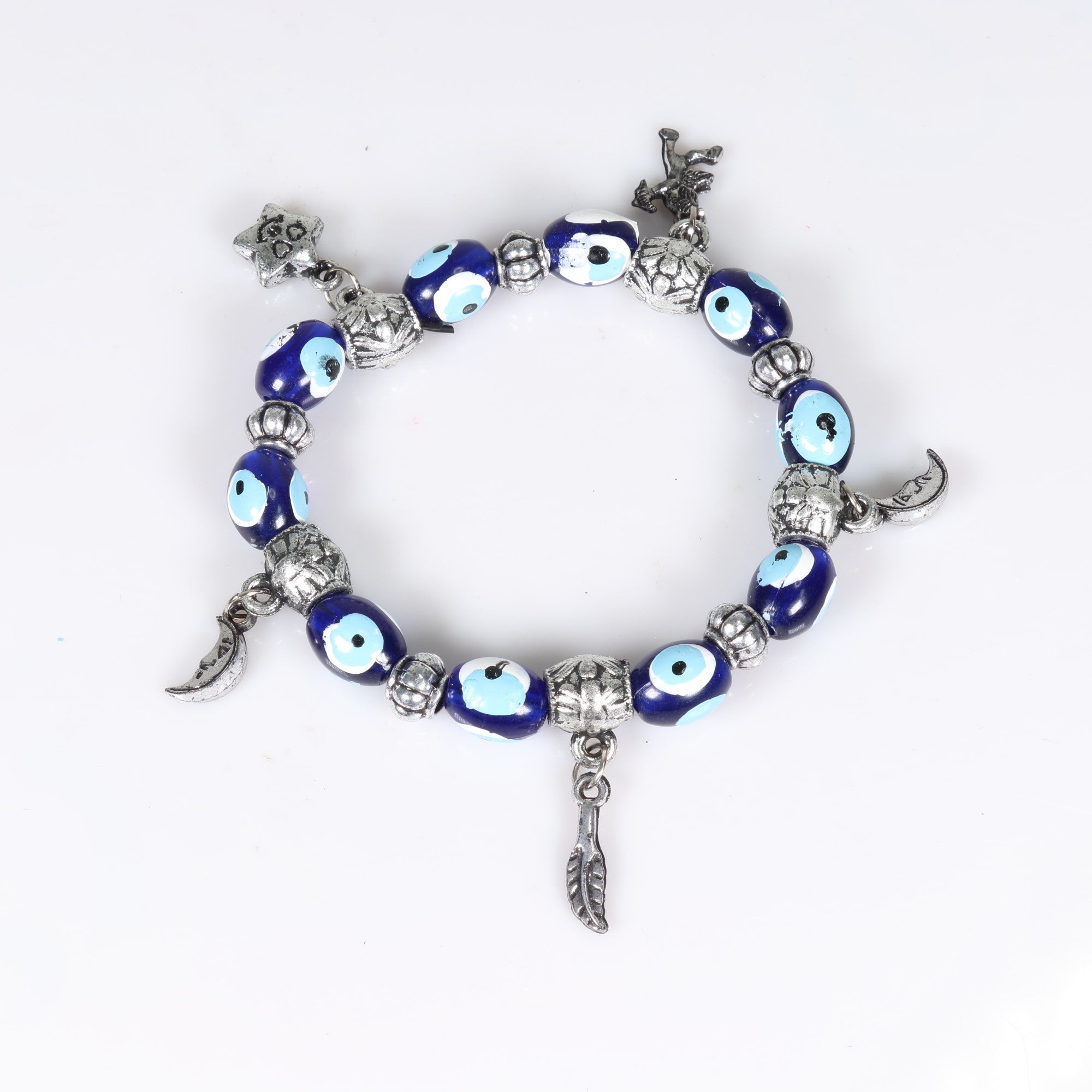 Evil Eye Bracelet, with Dyed Plastic Beads, with Mixed Figure Charms, Silver Color, 8mm, Mix Style Pack, 5 Pieces in a Pack #471