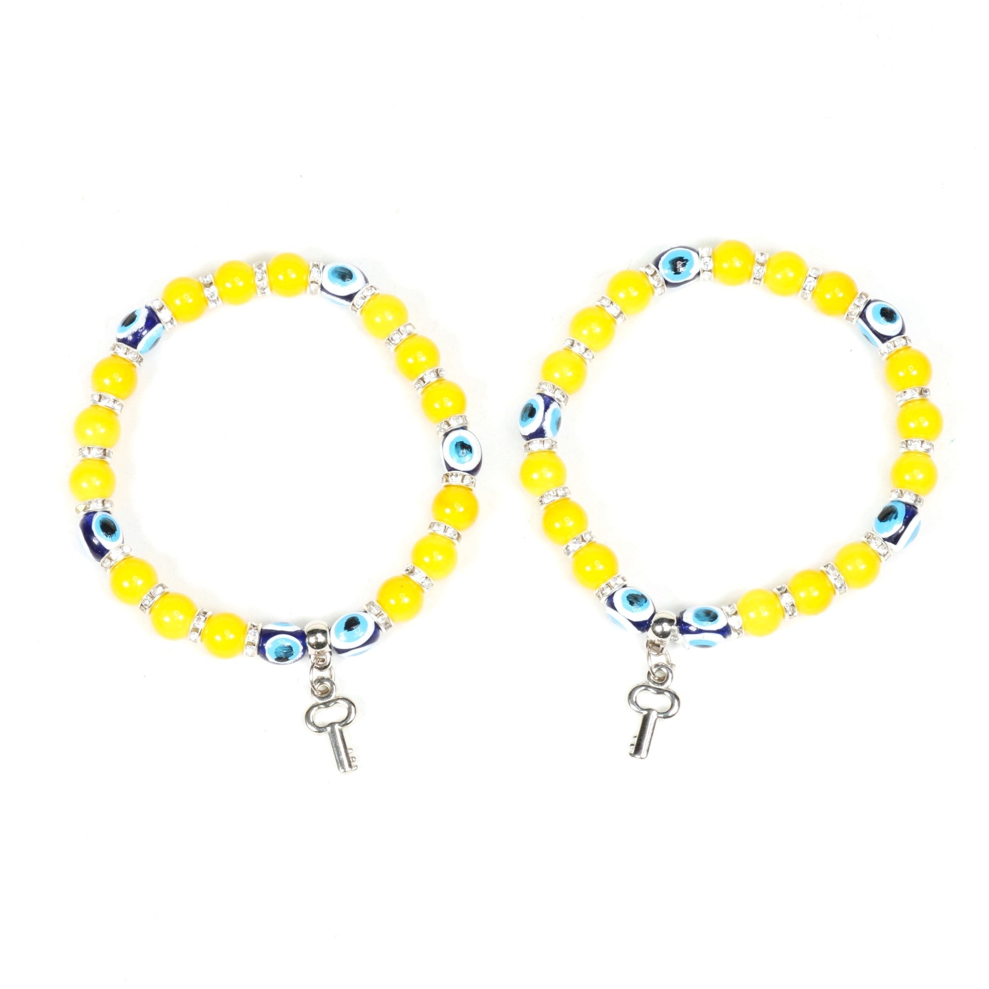 Evil Eye Bracelet, with Yellow Plastic Beads, with Key Figure Charm, Dyed, Silver Color, 8 mm, 5 Pieces in a Pack #320