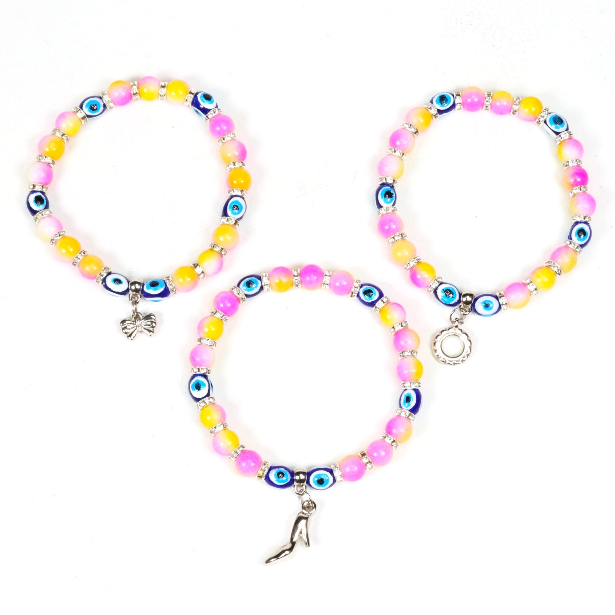 Evil Eye Bracelet, with Mixed Figure Charms, Plastic Beads, Silver Color, 8mm, Mix Style Pack, 5 Pieces in a Pack #324