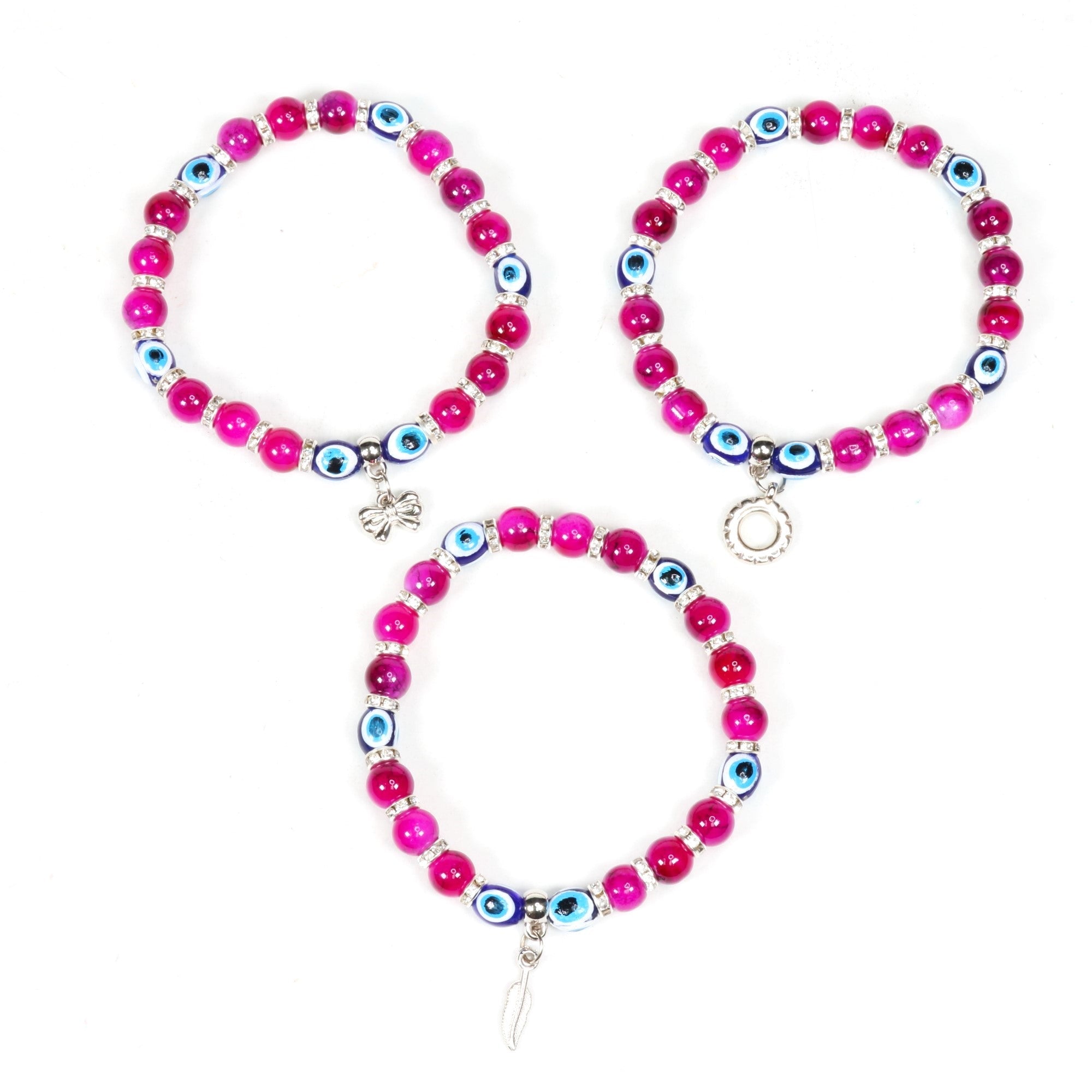 Evil Eye Bracelet, with Mixed Figure Charms, Plastic Beads, Silver Color, 8mm, Mix Style Pack, 5 Pieces in a Pack #325