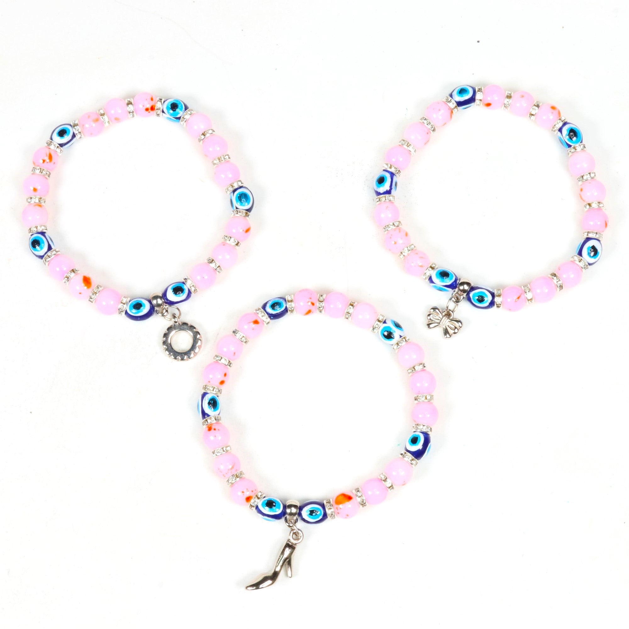 Evil Eye Bracelet, with Mixed Figure Charms, Plastic Beads, Silver Color, 8mm, Mix Style Pack, 5 Pieces in a Pack #335