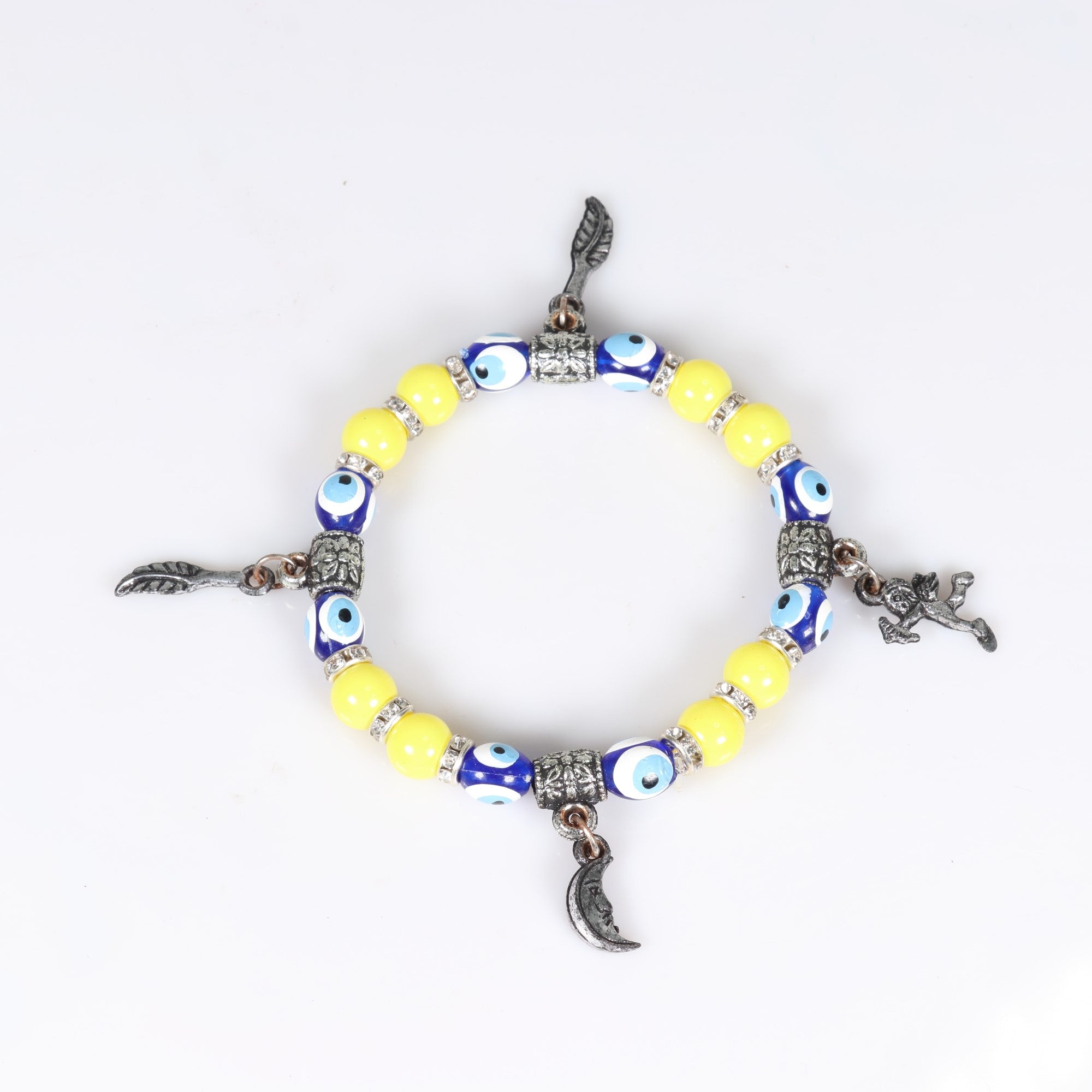 Evil Eye Bracelet, with Yellow Plastic Beads, with Mix Figure Charm, Silver Color, Dyed,  8 mm, 5 Pieces in a Pack  #478