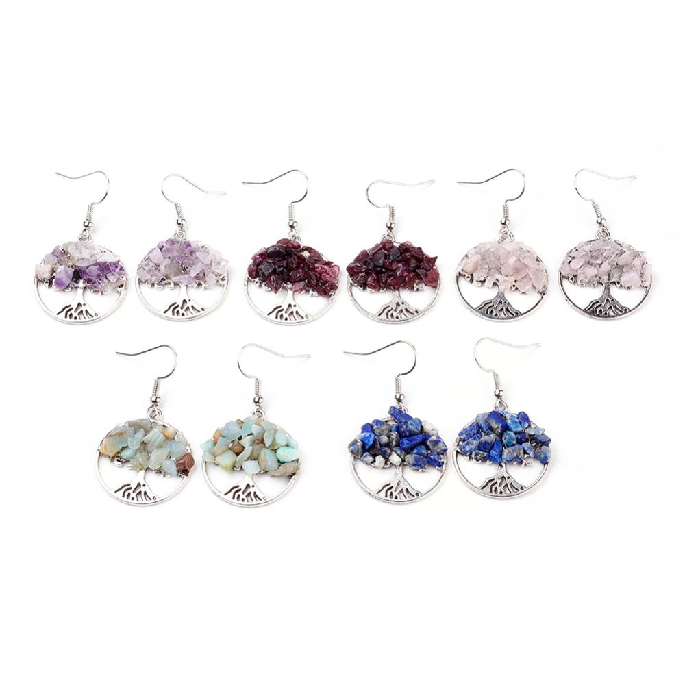 Tree of Life Shaped Chip Stone Earrings Hook, 5 Pair, #001