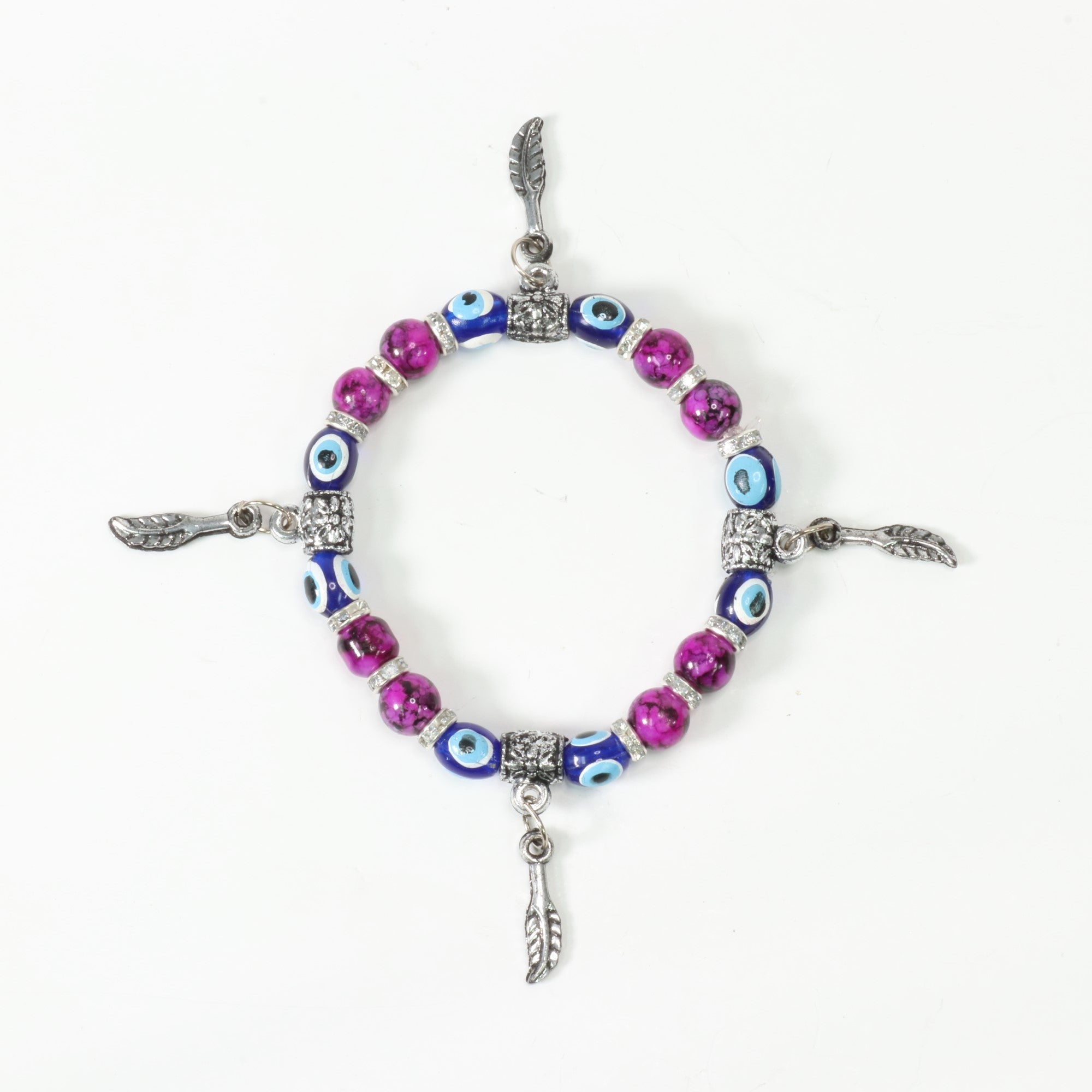 Evil Eye Bracelet, with DyedPlastic Beads, with Mix Figure Charm, Silver Color, 8 mm, Dyed, 5 Pieces in a Pack  #479