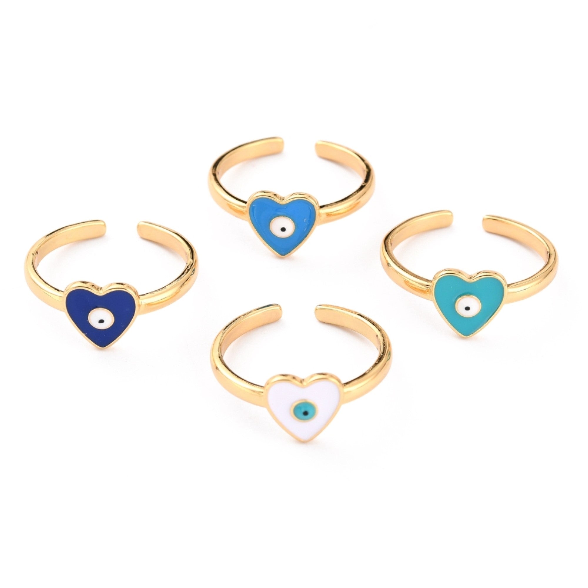 Heart Shaped Ring with Evil Eye Real 18K Gold Plated, Mixed Color, US Size 6, Adjustable Size, 10 Pieces in a Pack, #0047