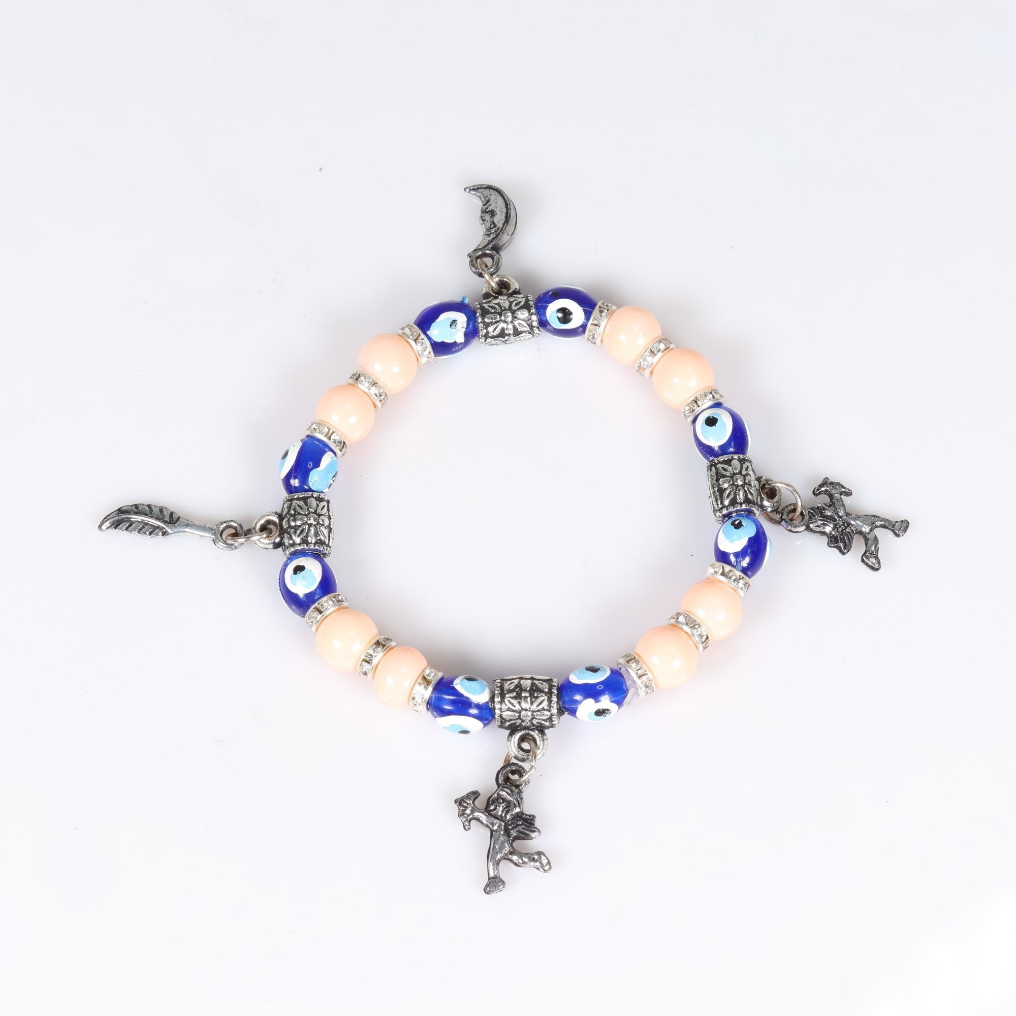 Evil Eye Bracelet, with Cream Plastic Beads, with Mix Figure Charm, Silver Color, Dyed,  8 mm, 5 Pieces in a Pack #481