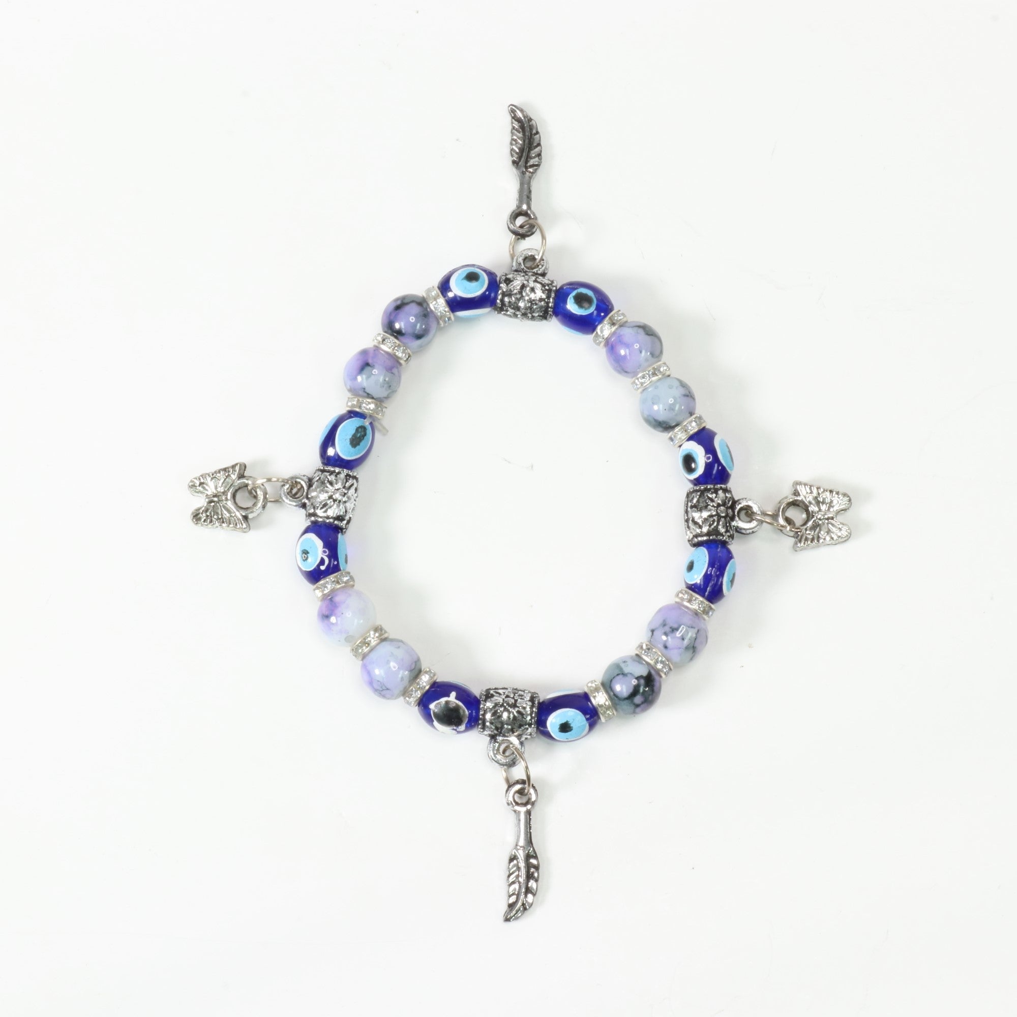 Evil Eye Bracelet, with Purple Plastic Beads, with Mix Figure Charm, Silver Color, Dyed, 8 mm, 5 Pieces in a Pack  #482