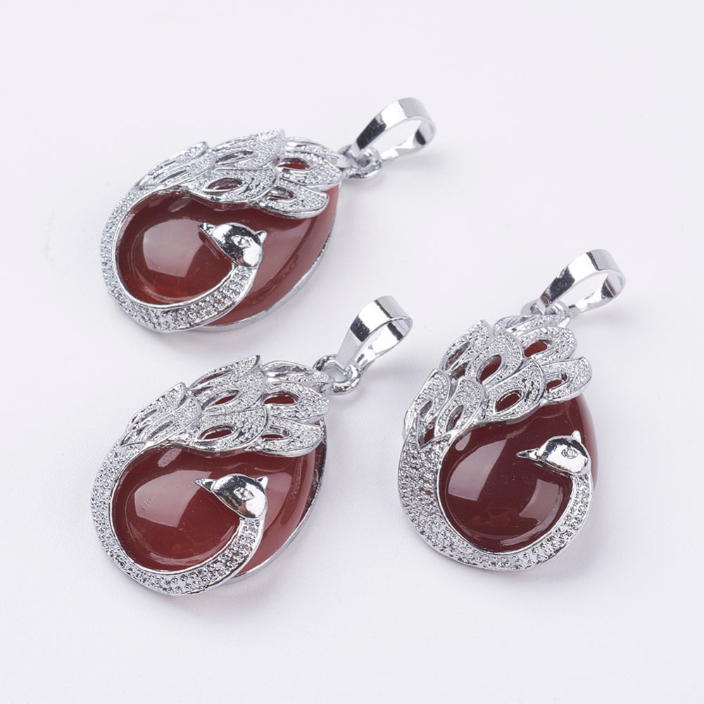 Carnelian Teardrop Shaped Pendant with Peacock, 5 Pieces in a Pack, #98