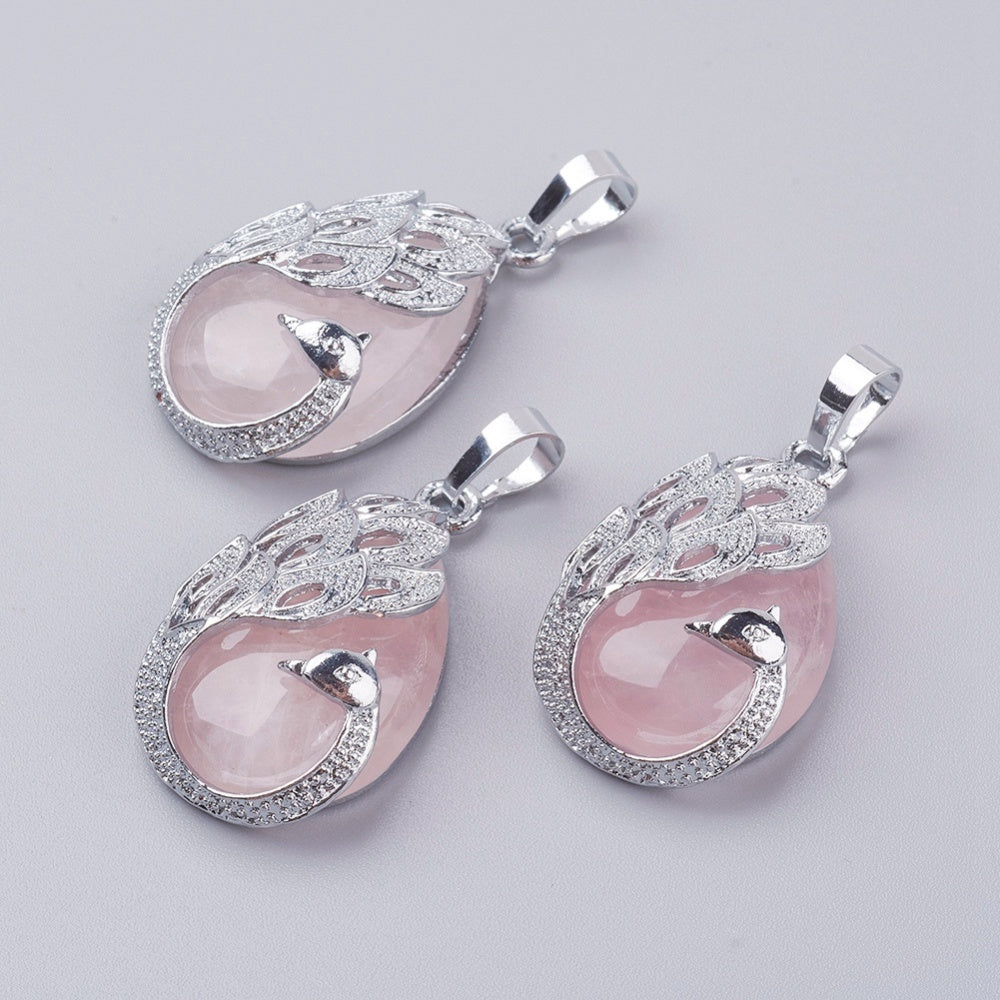 Rose Quartz Teardrop Shaped Pendant with Peacock, 5 Pieces in a Pack, #107