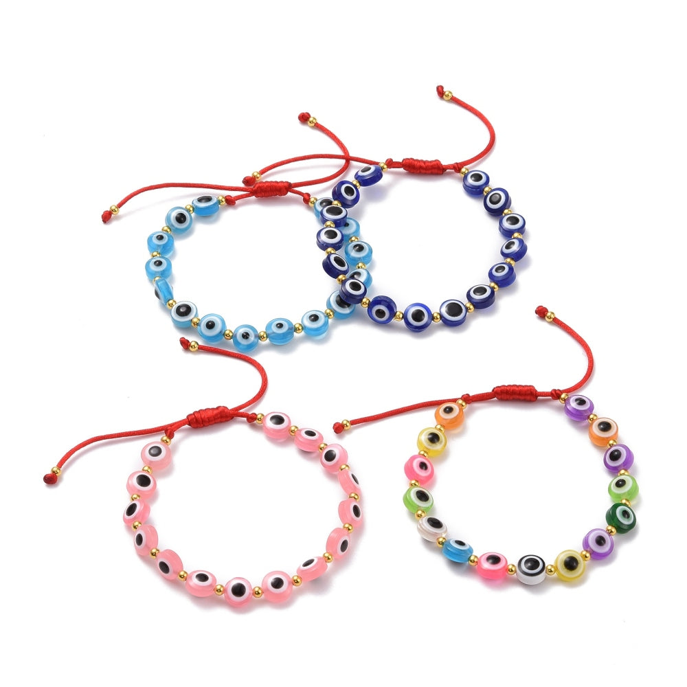 Braided Bracelets with Evil Eye Beads, Mix Color, Adjustable Braids, for Girls and Women, 8mm, 5 Pieces in a Pack #510