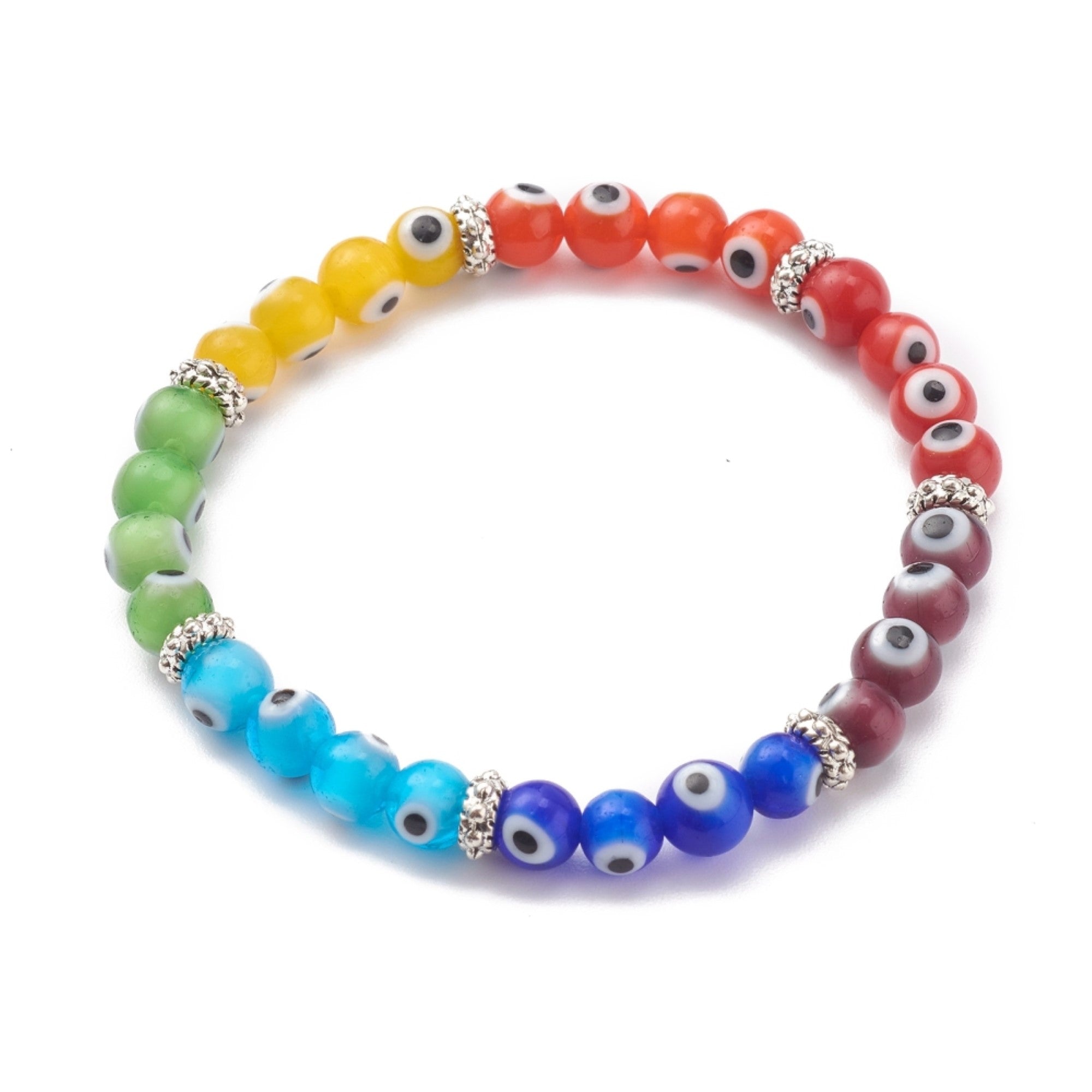 Evil Eye Bracelet, with Rainbow Colored Lampwork Beads,  Mix Color, Kids Size, 6mm, 5 Pieces in a Pack #434