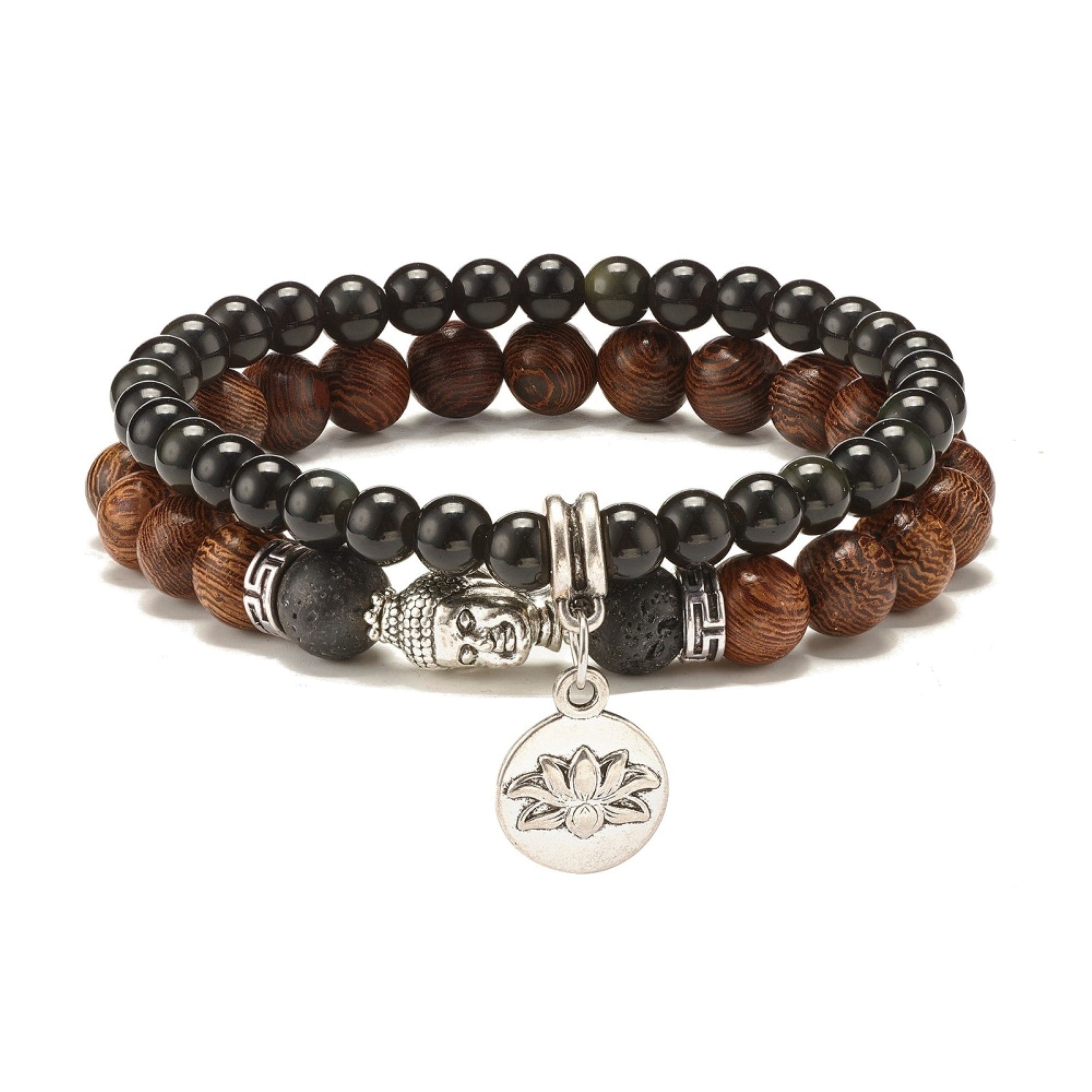 Natural Obsidian & Lava Stone & Wenge Wood Bracelet, with Buddha Head Alloy, with Lotus Symbol Charm,for Men and Women, 2 Pieces Set, 8 mm, 5 Sets in a Pack #438