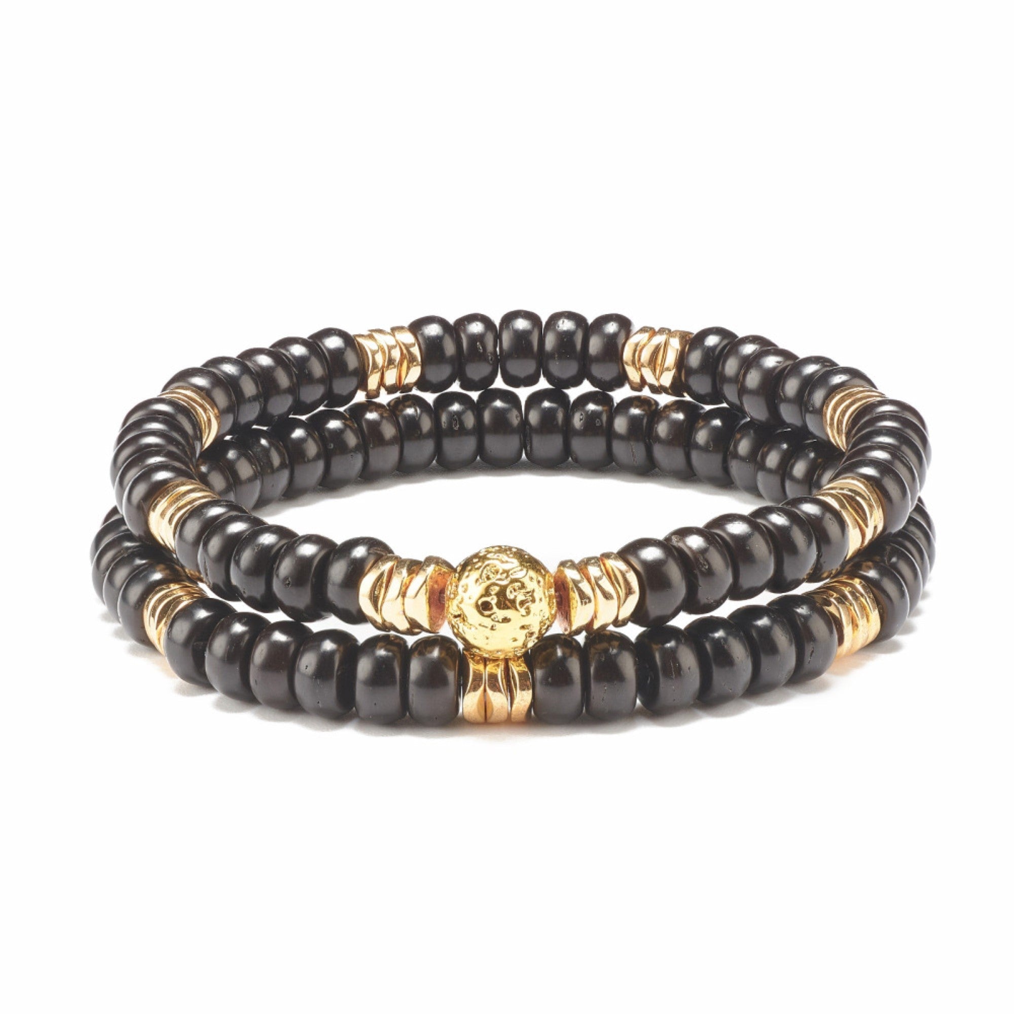 Coconut & Synthetic Hematite Bracelet, Dyed Lava Stone, Gold Color,  for Women, 2 Pieces Set, 6&7 mm, 5 Sets in a Pack #439