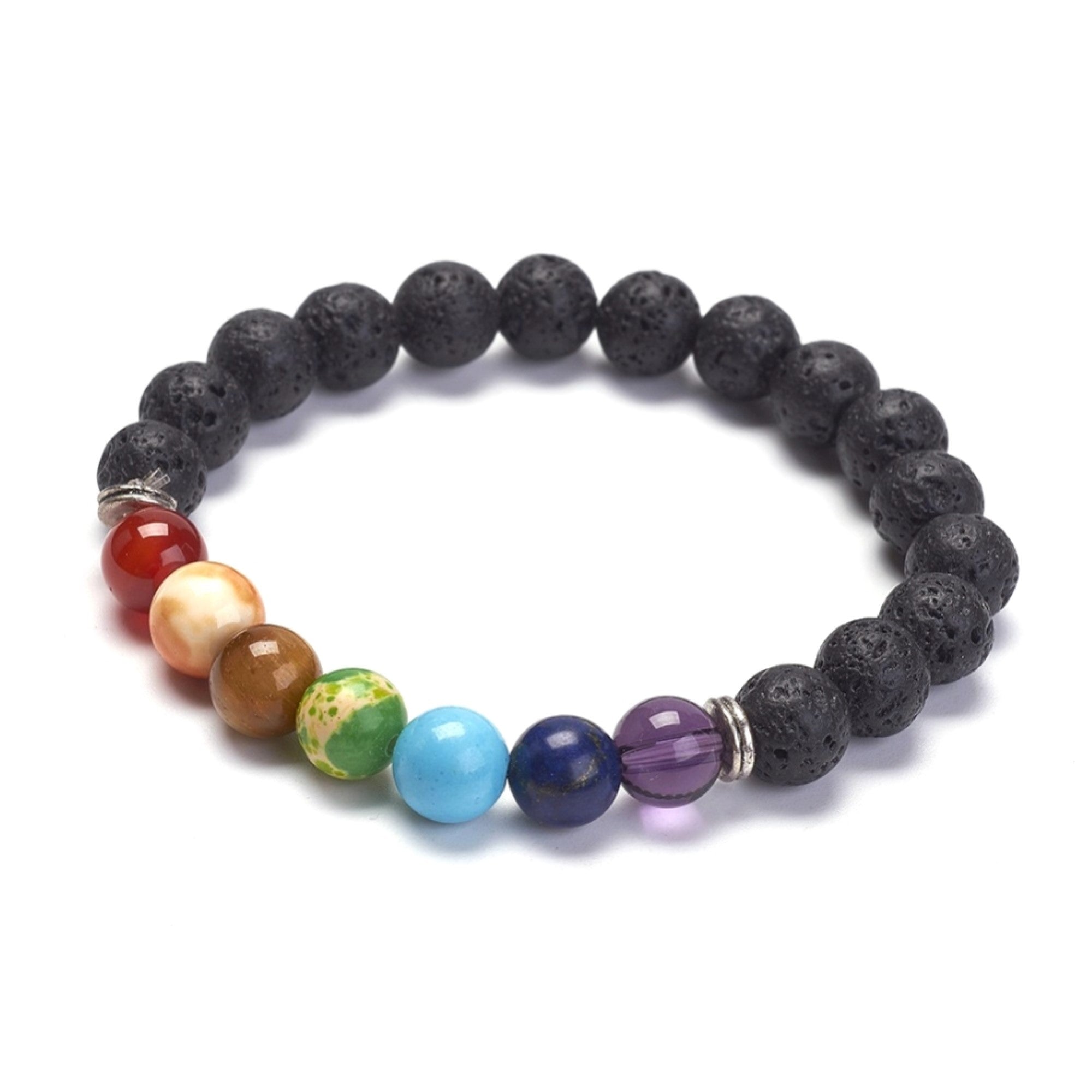 Natural Lava Stone & Yoga Chakra Stones Bracelet, 8mm, 5 Pieces in a Pack #030