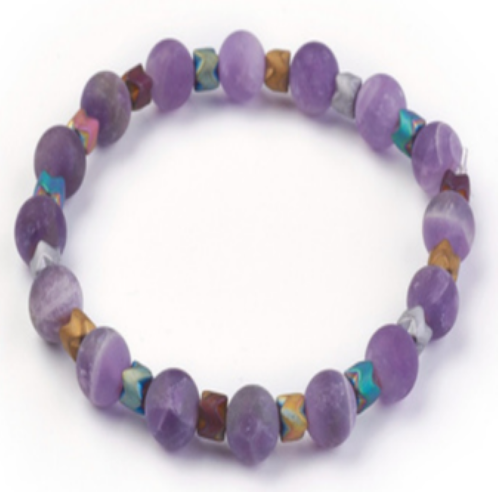 Frosted Amethyst & Multi Color Hematite Bracelet, 8 mm, 5 Pieces in a Pack #542