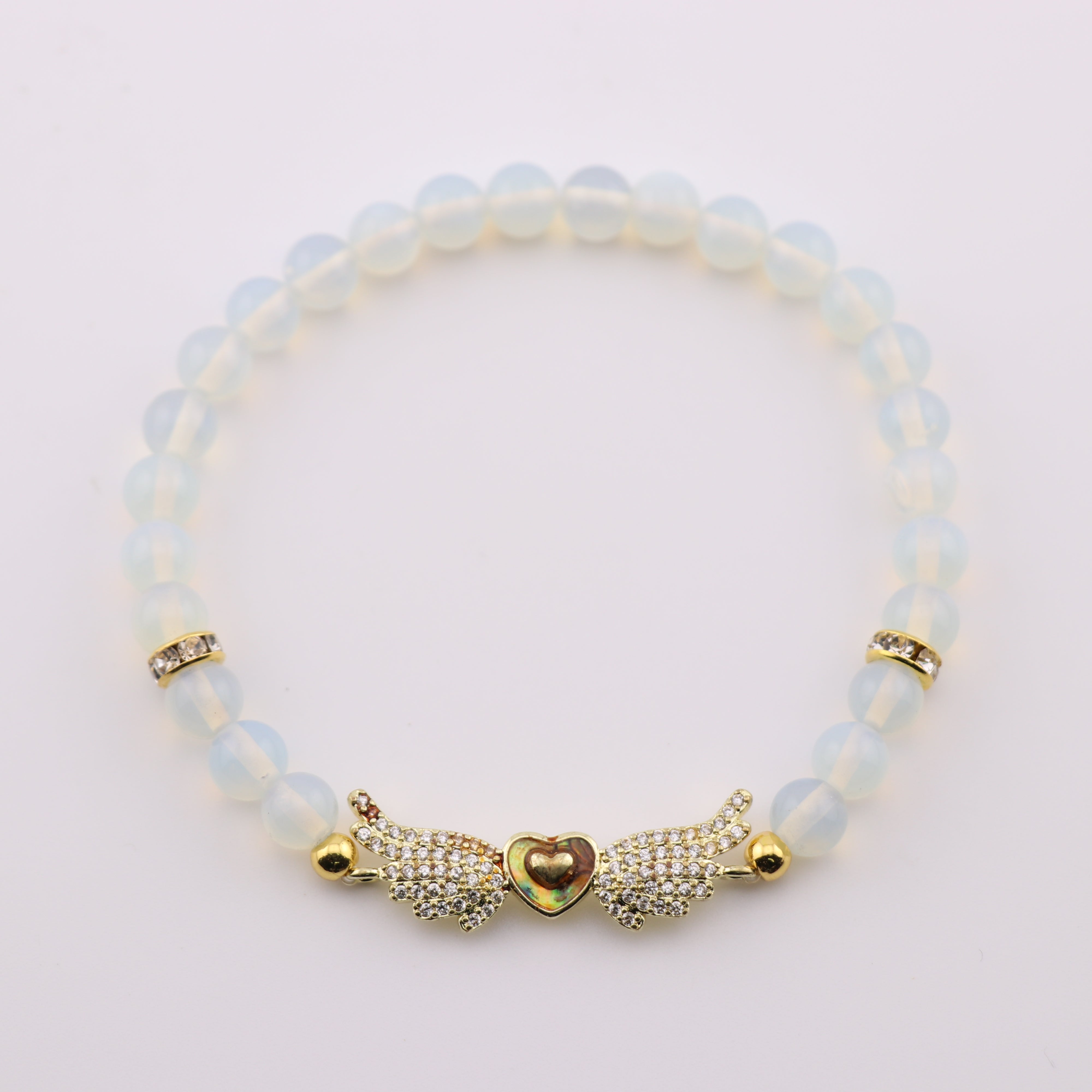 Opalite Bracelet, with Heart and Angle Wings Alloy, Gold Color, 6 mm, 5 Pieces in a Pack #525