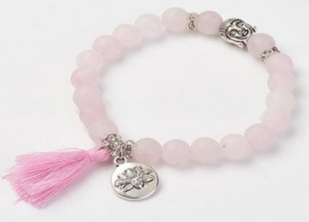 Rose Quartz Bracelet, with Tassel,Lotus Charm and Buddha Head Alloy, Silver Color, 8 mm, 5 Pieces in a Pack #554