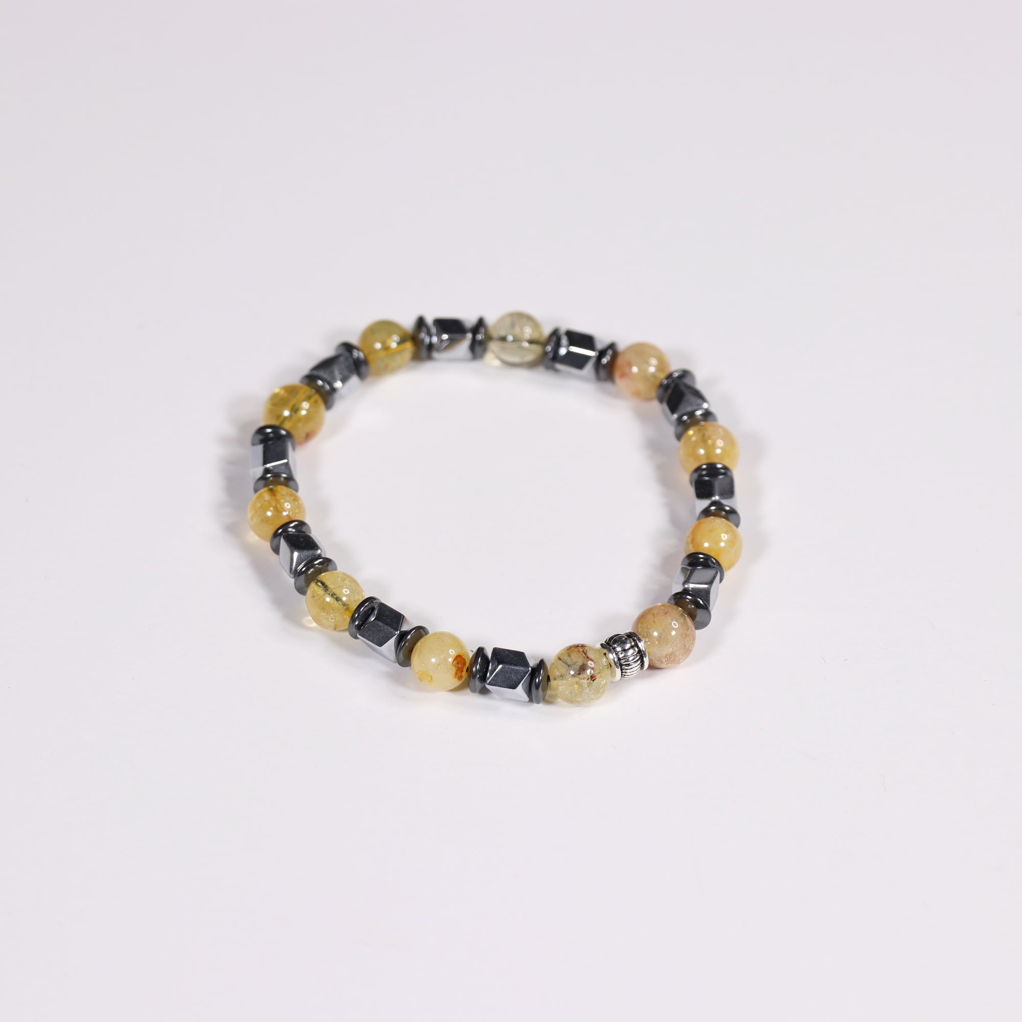 Yellow Cherry Quartz & Hematite Bracelet, Silver Color, 8 mm, 5 Pieces in a Pack #353