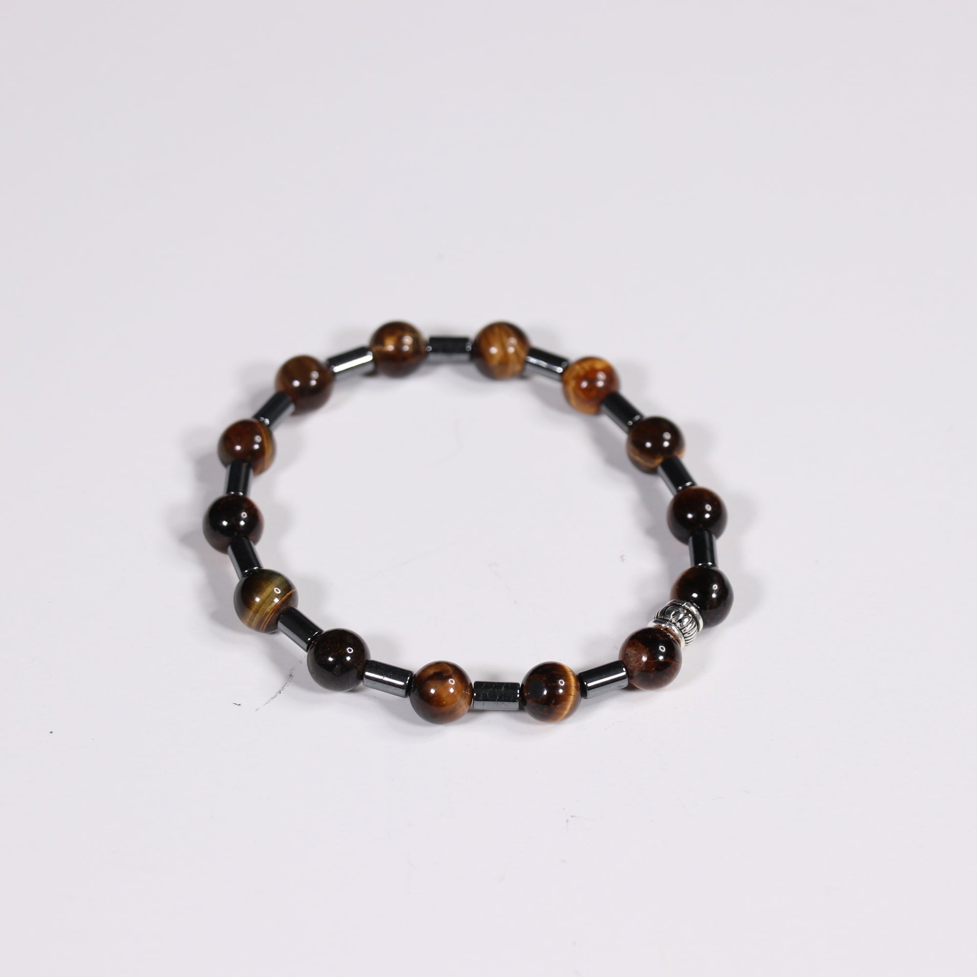 Tiger Eye & Hematite Bracelet, Silver Color, 8 mm, 5 Pieces in a Pack #381