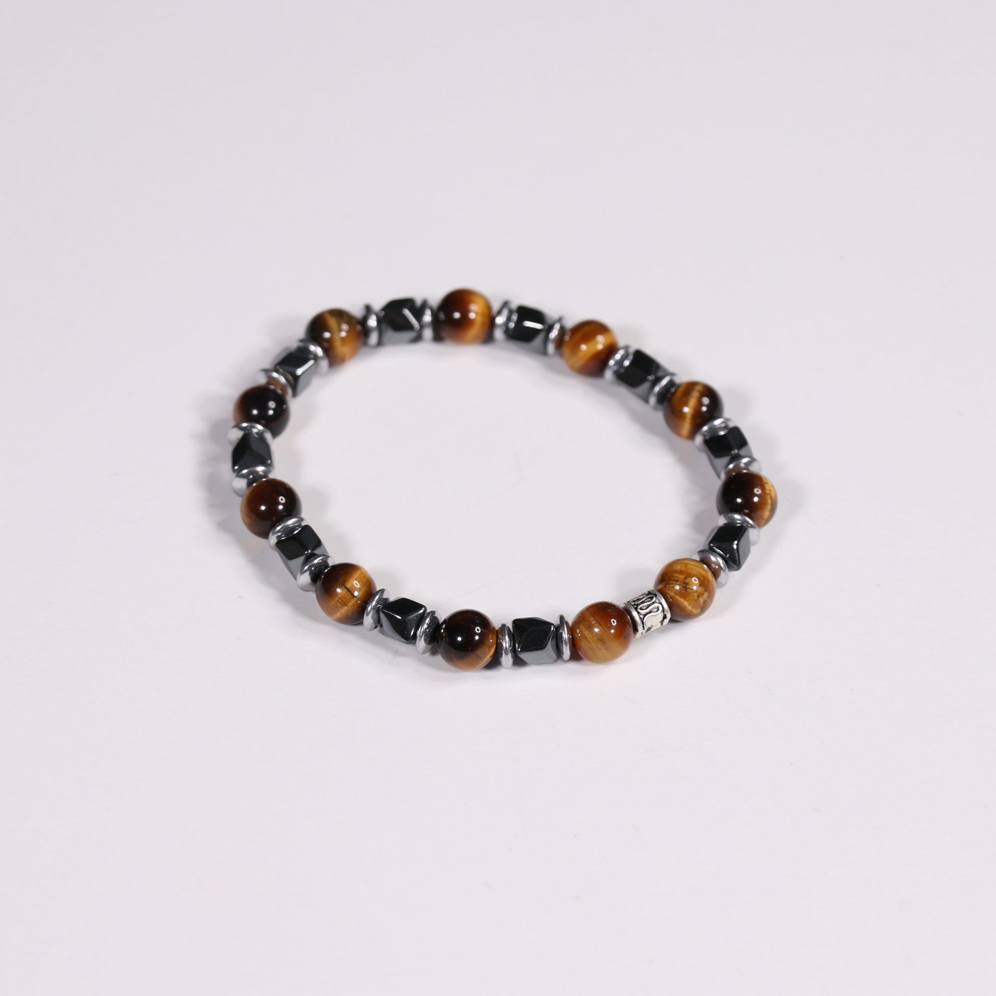 Tiger Eye & Hematite Bracelet, Silver Color, 8 mm, 5 Pieces in a Pack #381