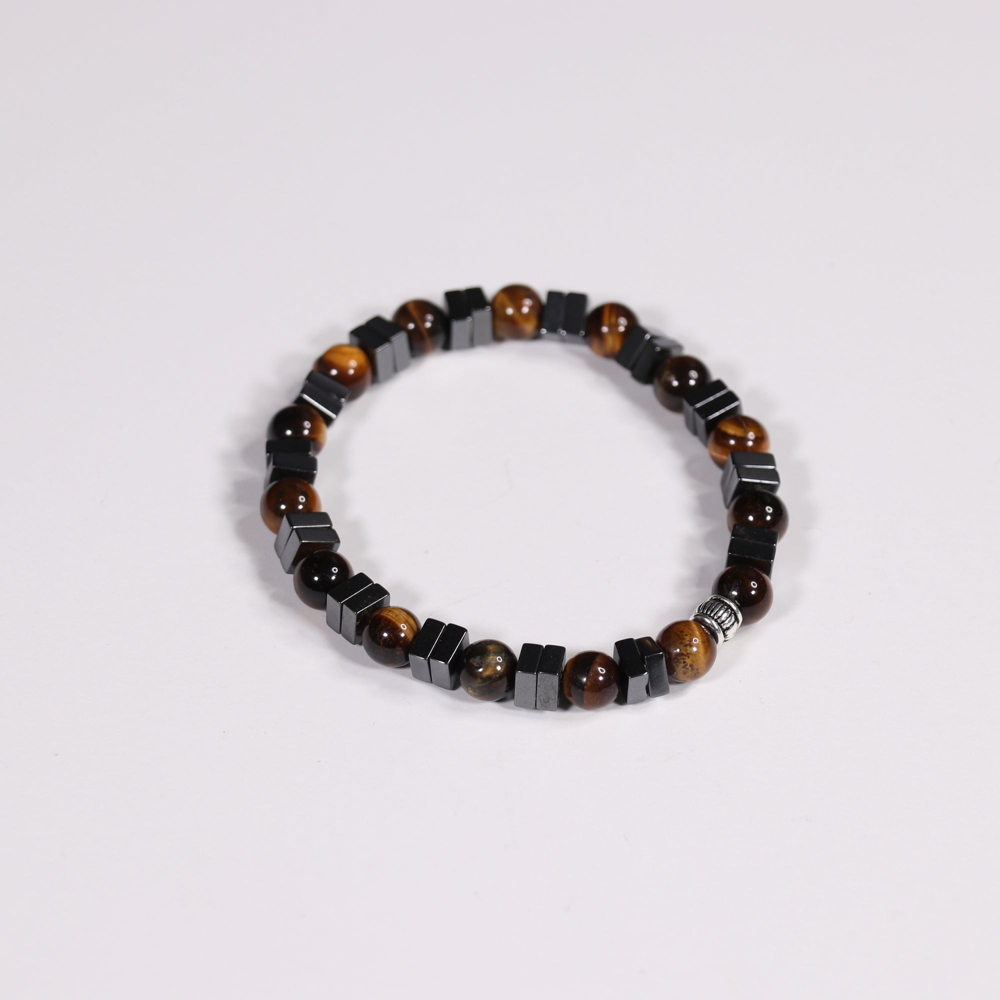 Tiger Eye & Hematite Bracelet, Silver Color, 8 mm, 5 Pieces in a Pack #381