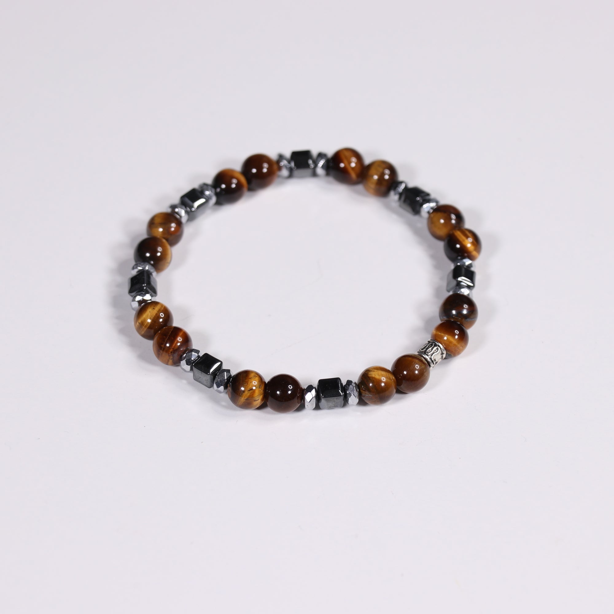 Tiger Eye & Hematite Bracelet, Silver Color, 8 mm, 5 Pieces in a Pack #381