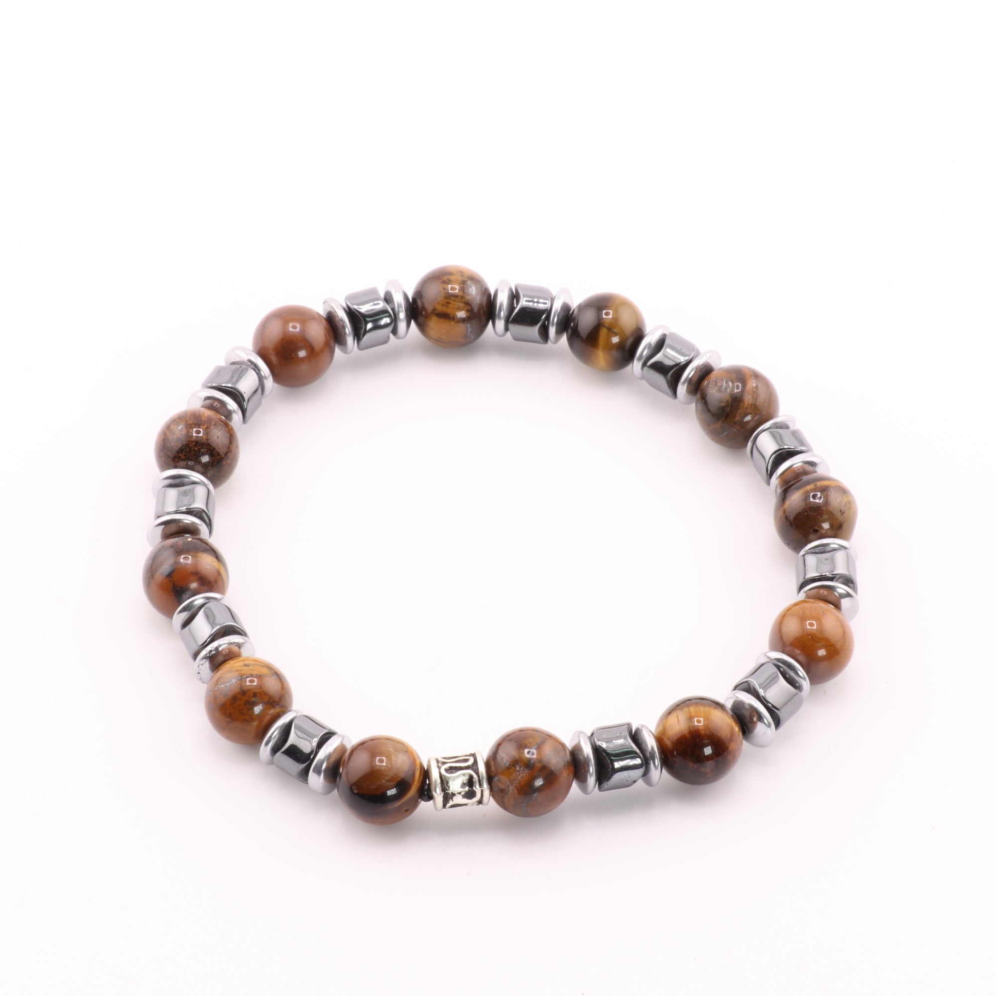 Tiger Eye & Hematite Bracelet, Silver Color, 8mm, 5 Pieces in a Pack #460