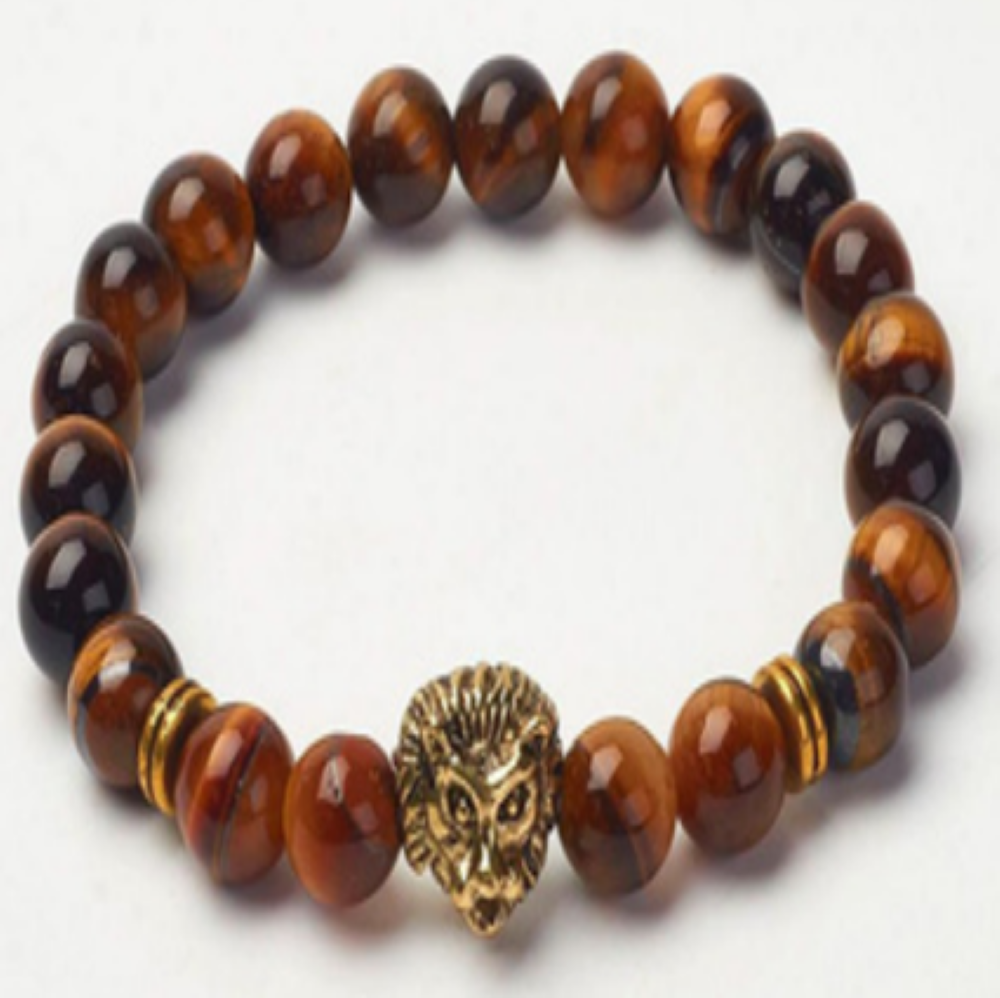 Tiger Eye Bracelet, with Tiger Head Alloy, Gold Color, 8mm, 5 Pieces in a Pack #517